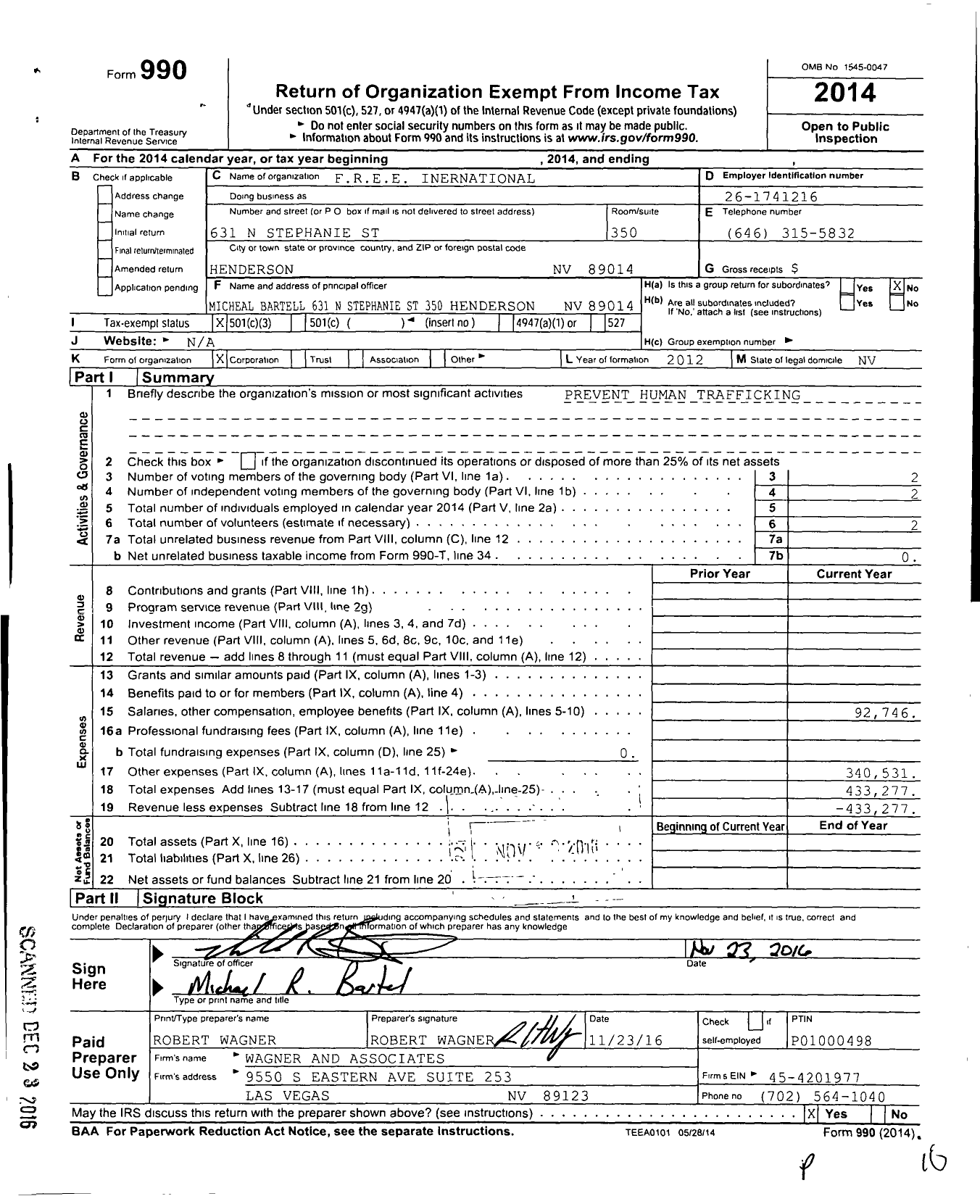 Image of first page of 2014 Form 990 for F R E E International