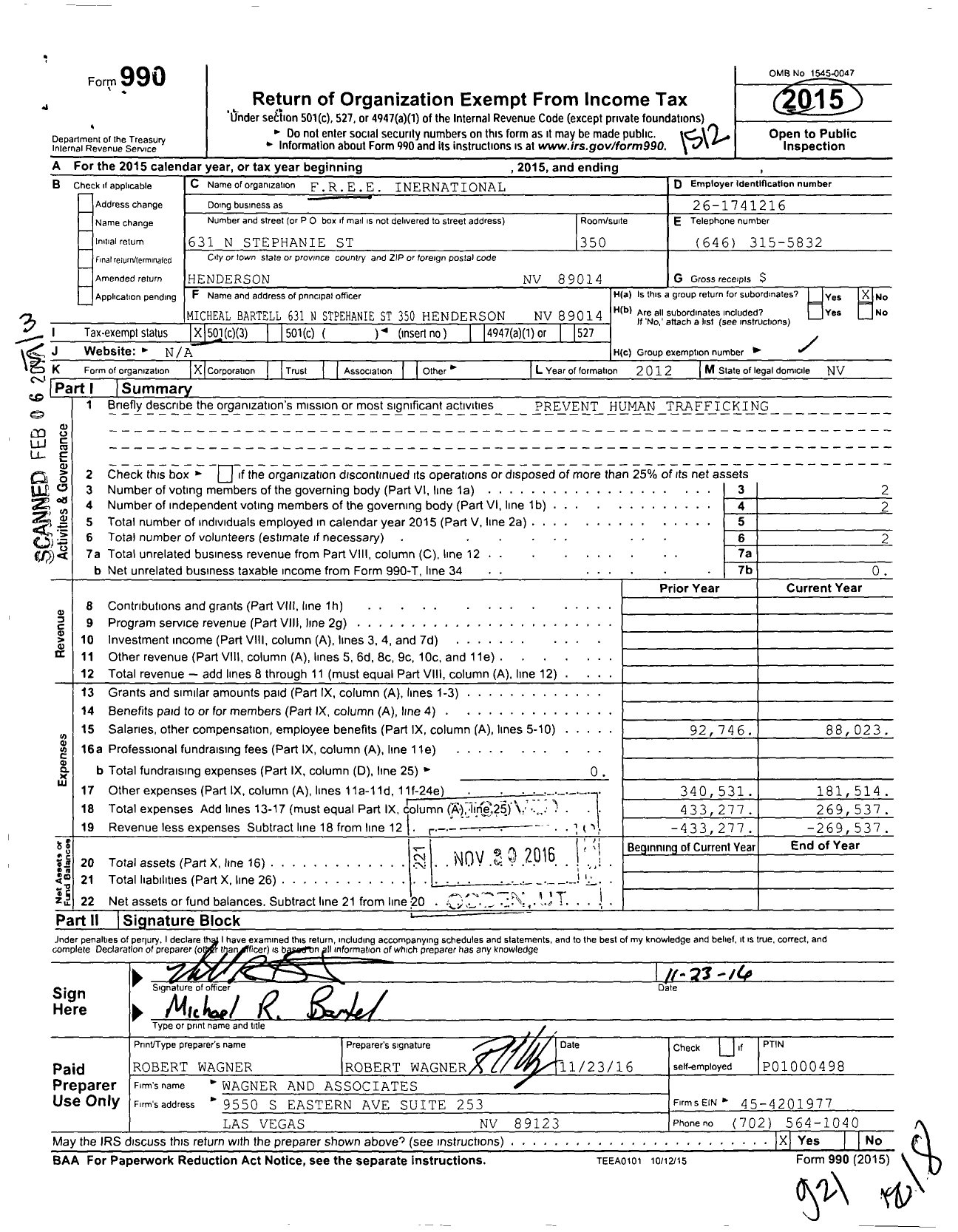 Image of first page of 2015 Form 990 for F R E E International