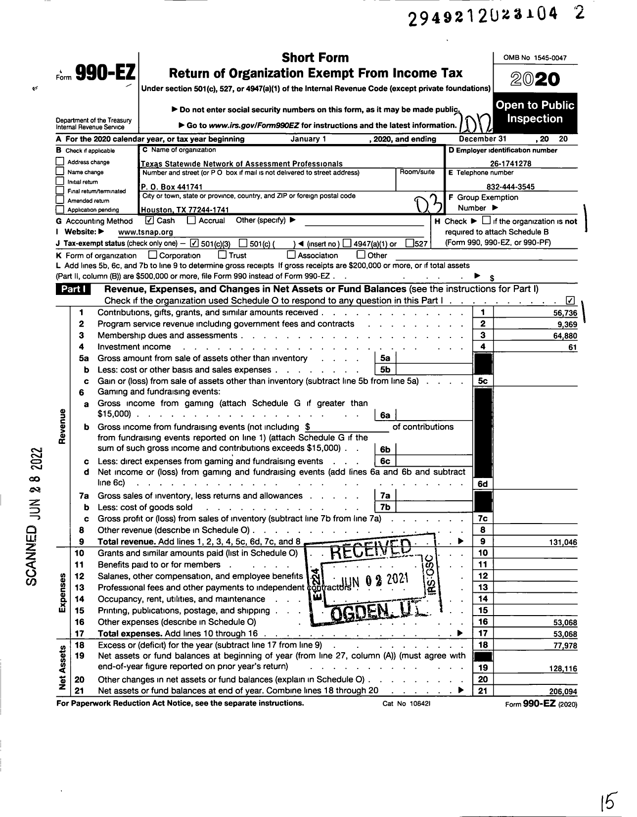 Image of first page of 2020 Form 990EZ for Texas Statewide Network of Assessment Professionals