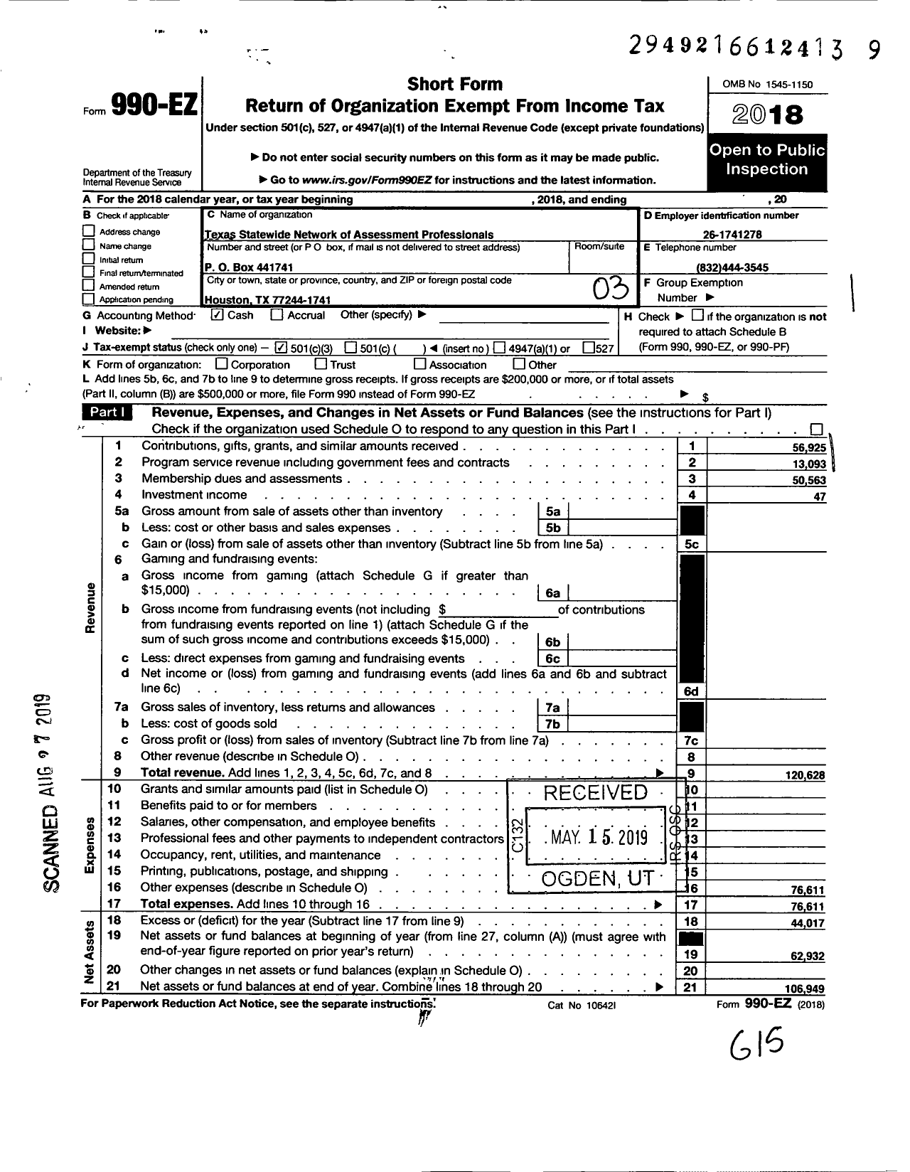 Image of first page of 2018 Form 990EZ for Texas Statewide Network of Assessment Professionals