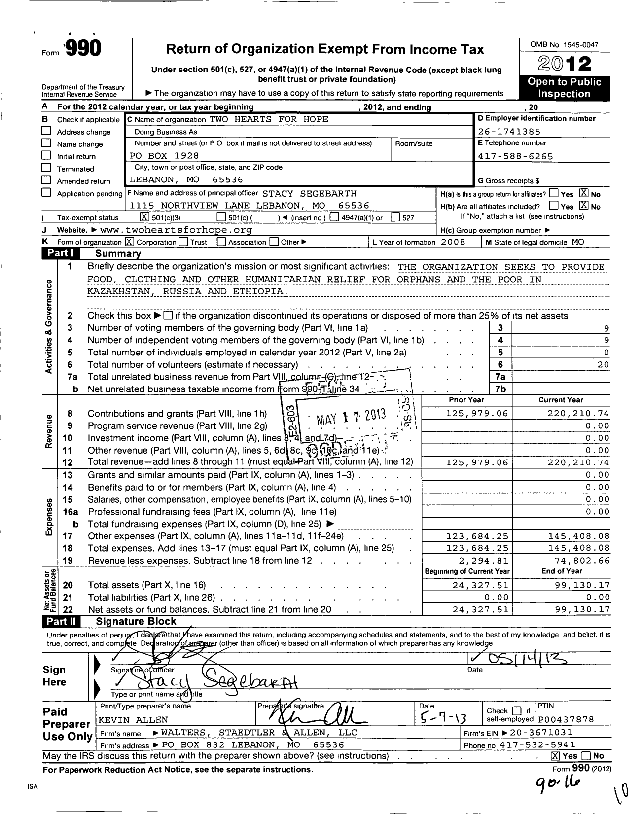 Image of first page of 2012 Form 990 for Two Hearts for Hope