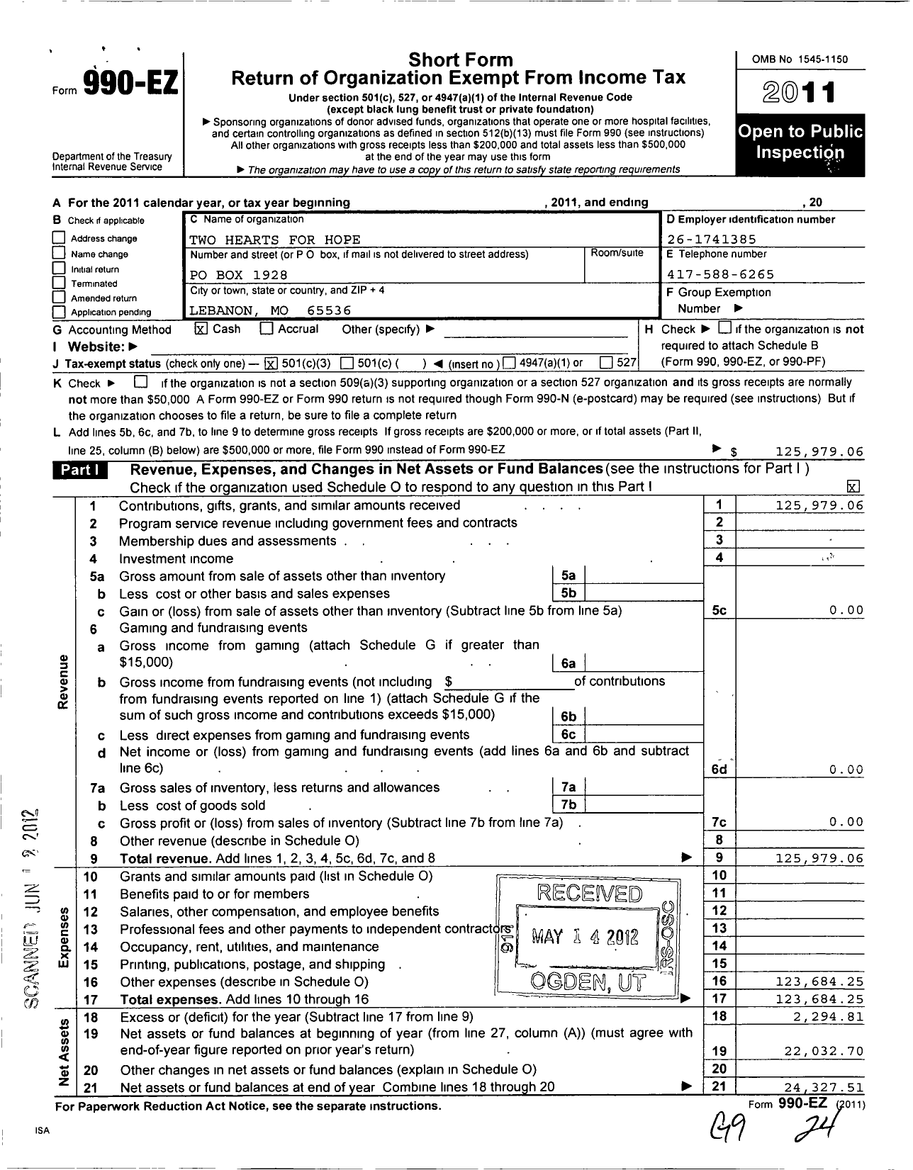 Image of first page of 2011 Form 990EZ for Two Hearts for Hope