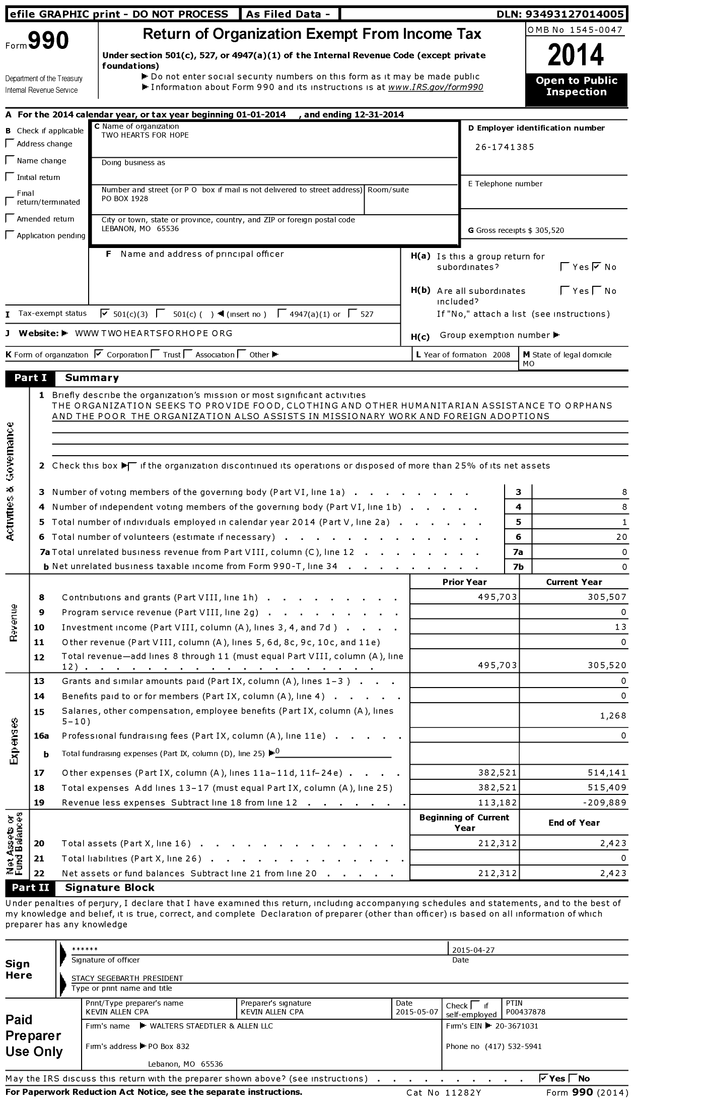 Image of first page of 2014 Form 990 for Two Hearts for Hope