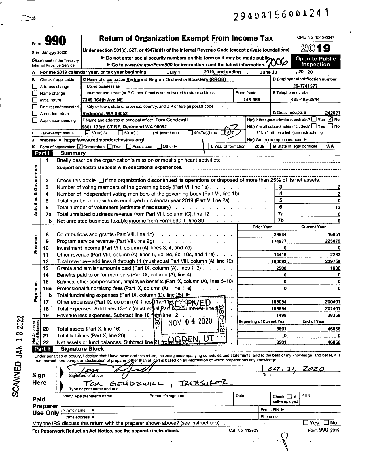 Image of first page of 2019 Form 990 for Redmond Region Orchestra Boosters