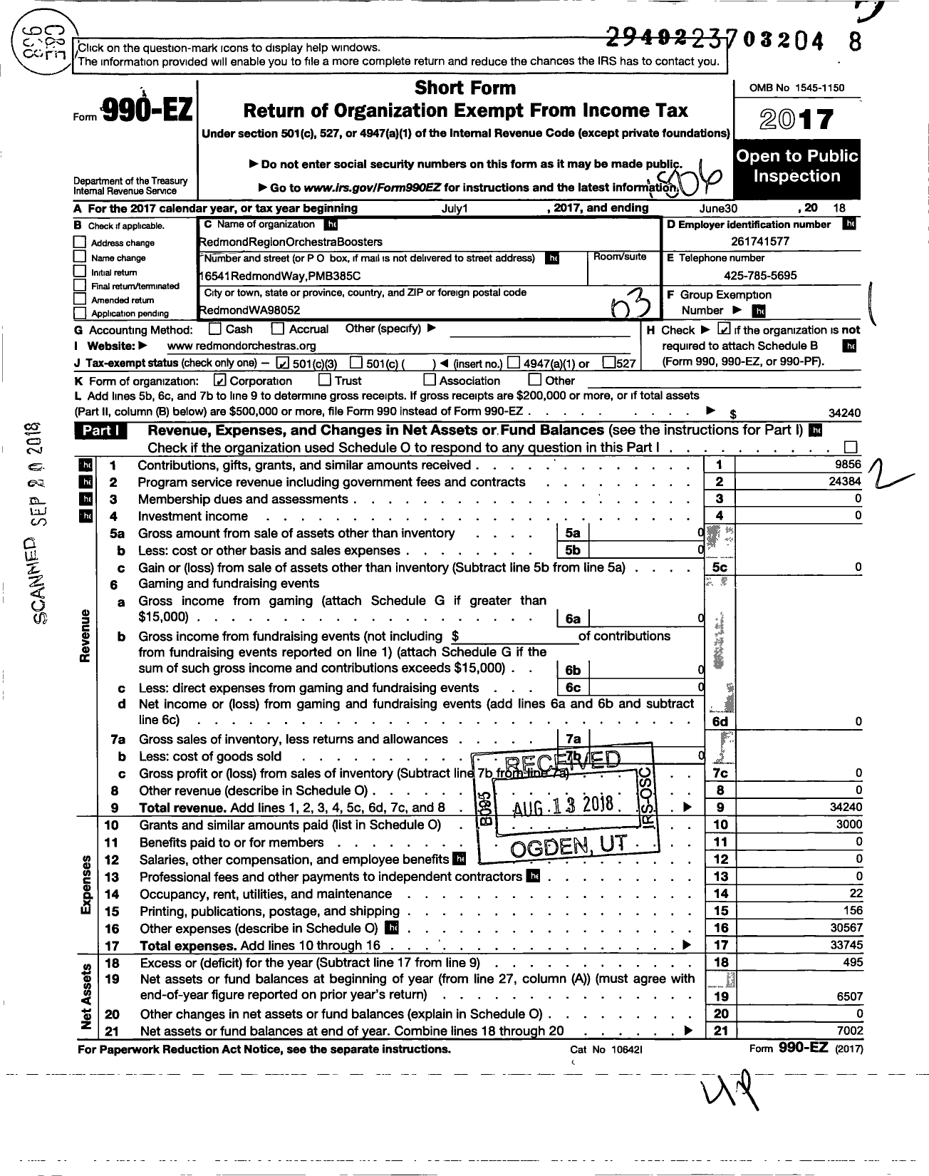 Image of first page of 2017 Form 990EZ for Redmond Region Orchestra Boosters