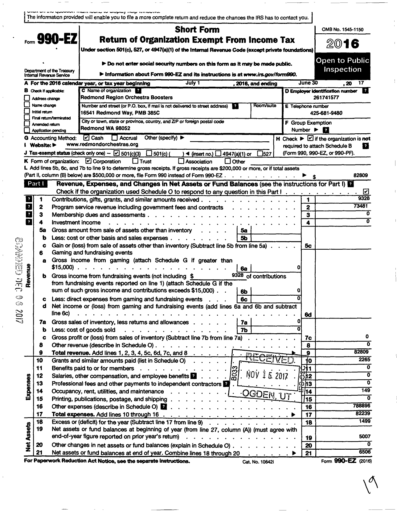 Image of first page of 2016 Form 990EZ for Redmond Region Orchestra Boosters