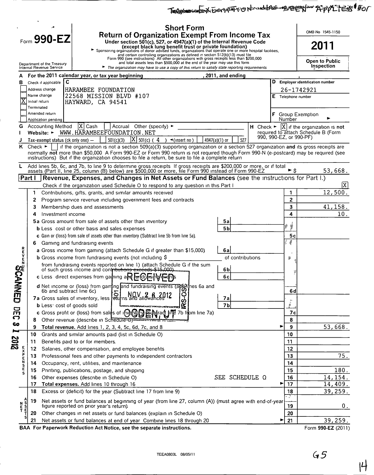 Image of first page of 2011 Form 990EO for Harambee Foundation