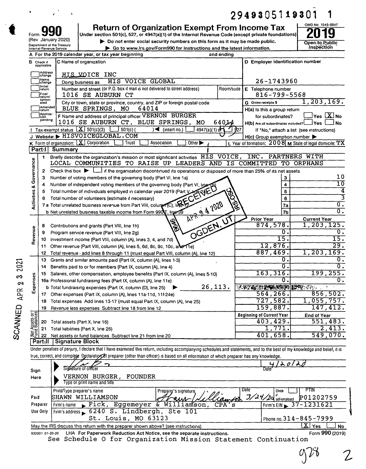 Image of first page of 2019 Form 990 for His Voice His Voice Global
