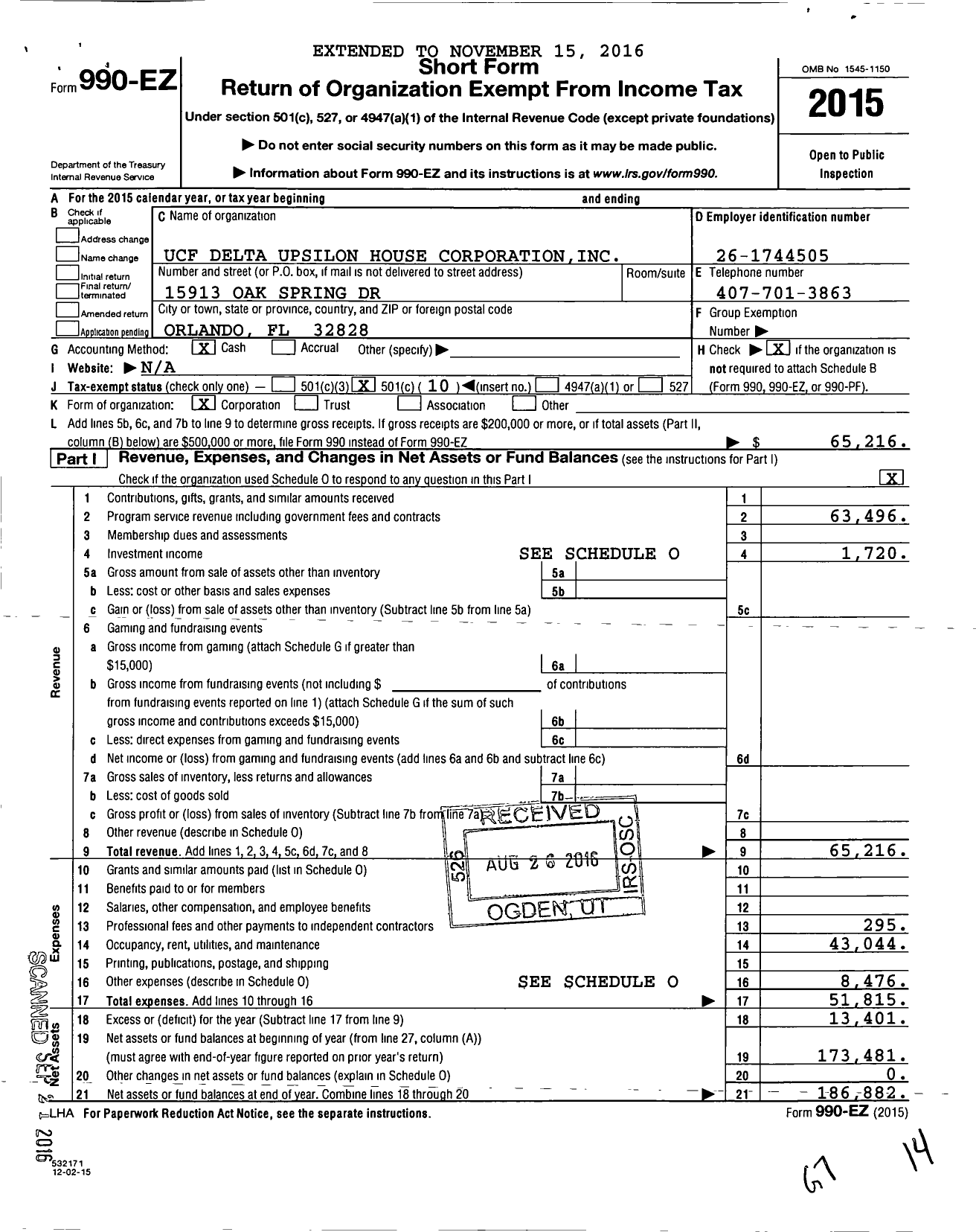 Image of first page of 2015 Form 990EO for Delta Upsilon Fraternity - Ucf Delta Upsilon House Corporation