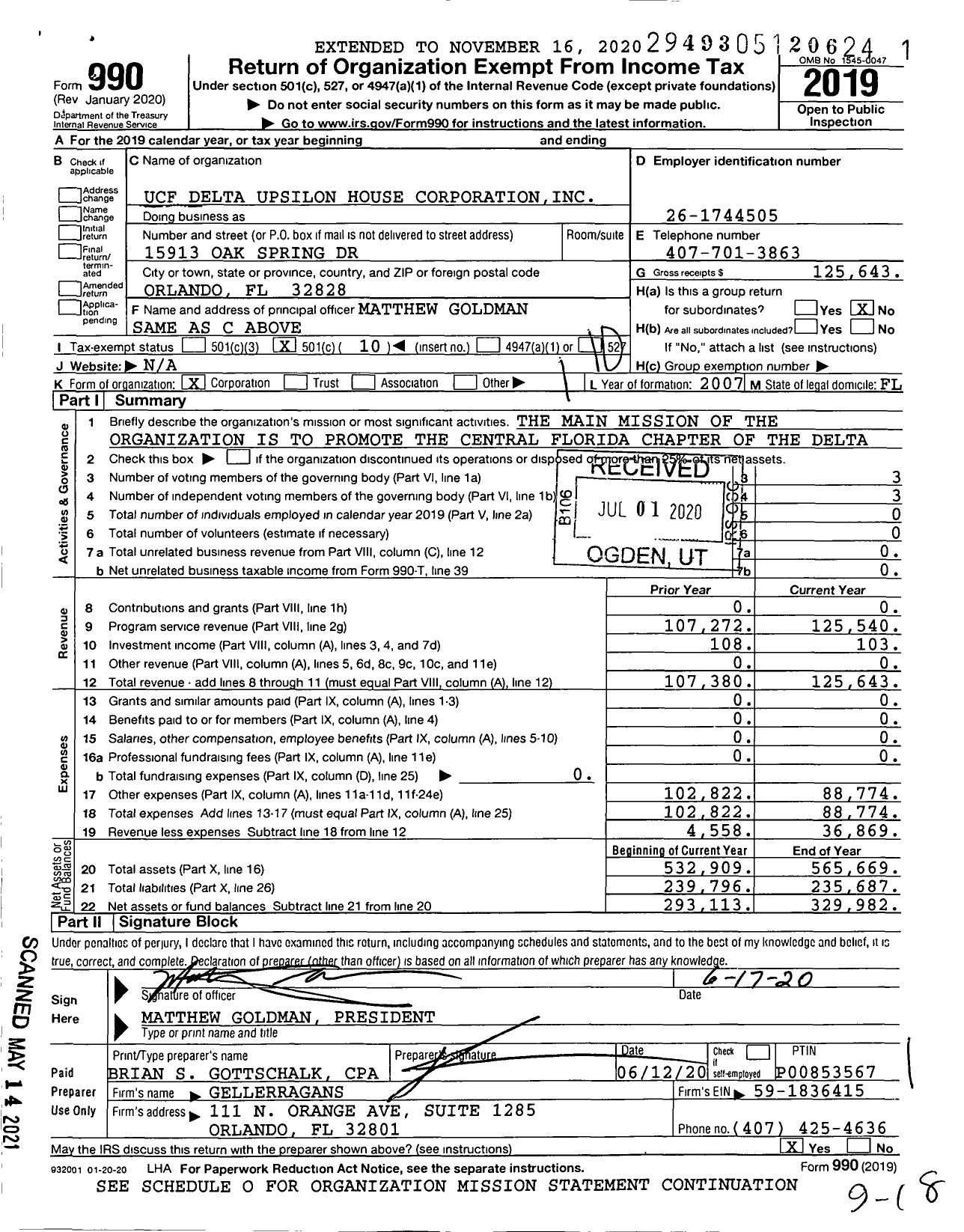 Image of first page of 2019 Form 990O for Delta Upsilon Fraternity - Ucf Delta Upsilon House Corporation
