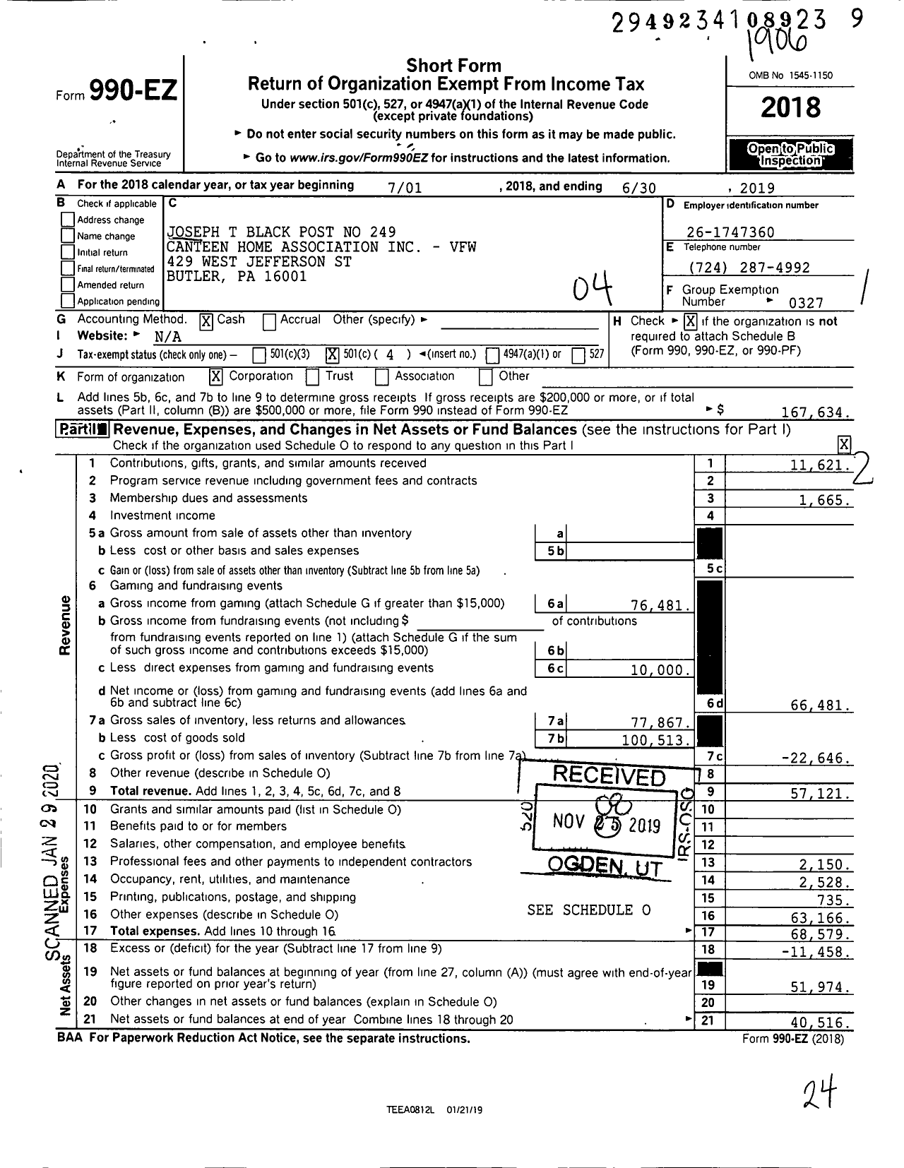 Image of first page of 2018 Form 990EO for VFW Department of Pennsylvania - 249 Joseph T Black Canteen-Home Ass
