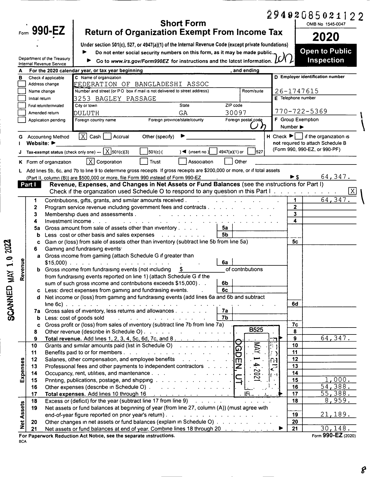 Image of first page of 2020 Form 990EZ for Federation of Bangladeshi Associations in North America (FOBANA)