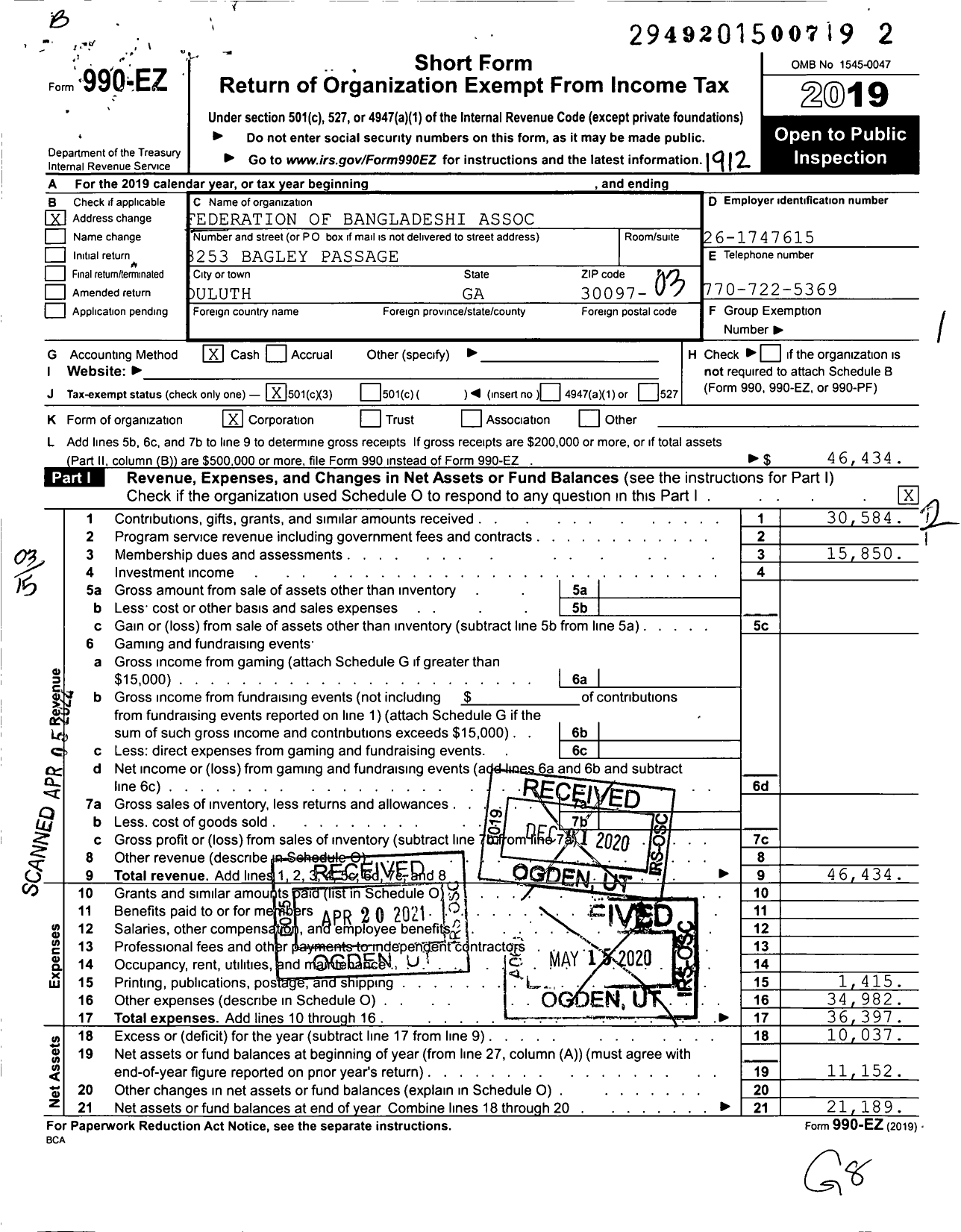 Image of first page of 2019 Form 990EZ for Federation of Bangladeshi Associations in North America (FOBANA)