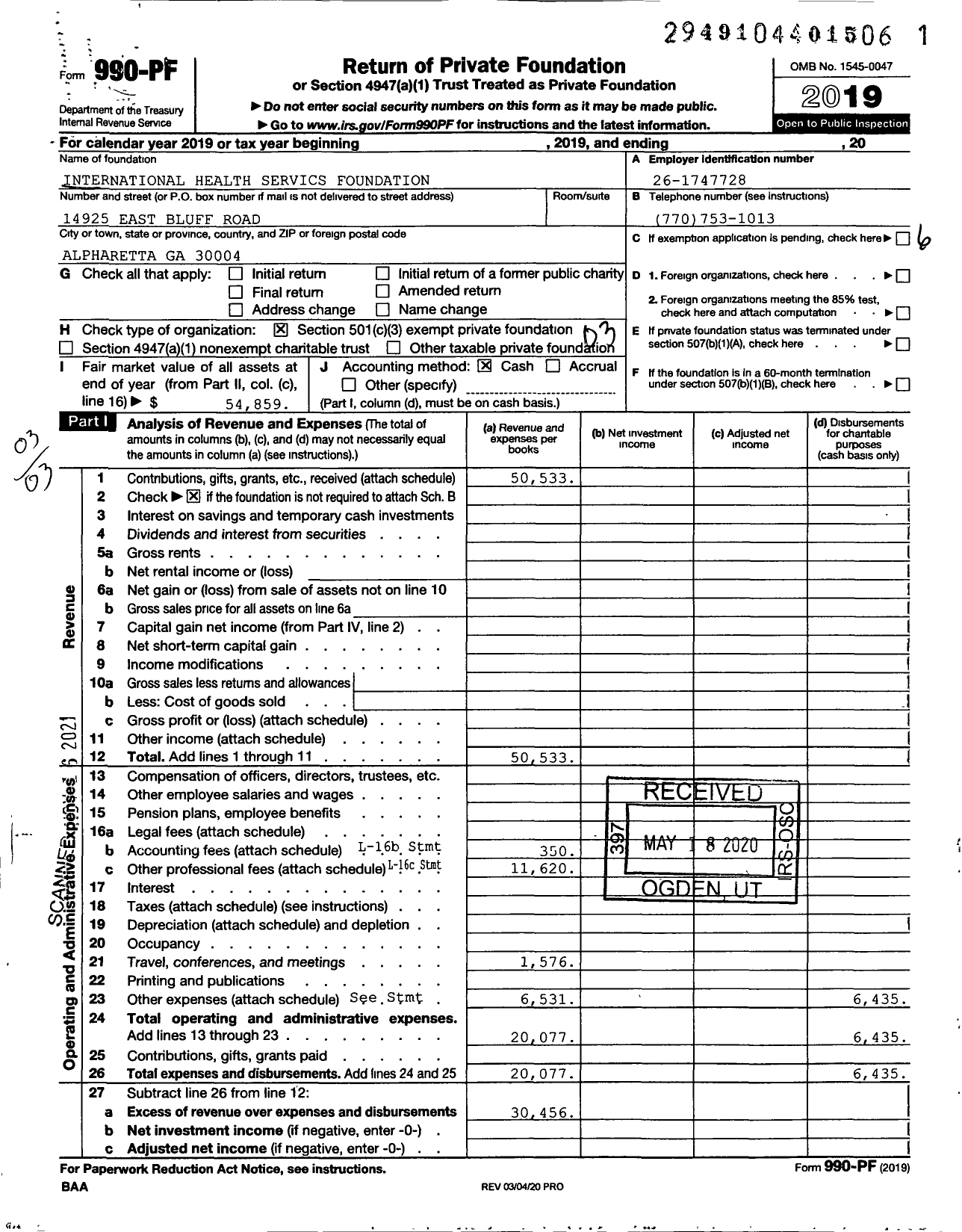 Image of first page of 2019 Form 990PF for International Health Services Foundation