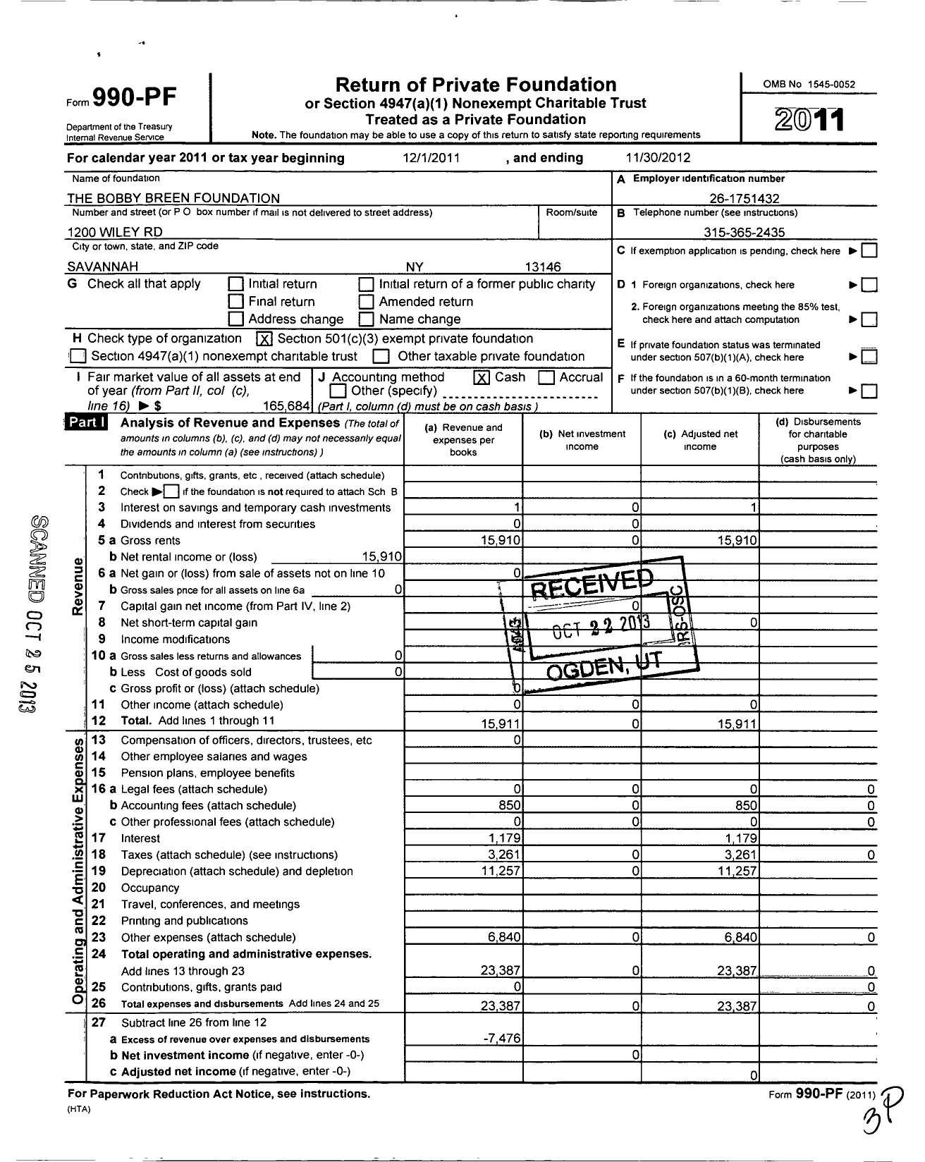 Image of first page of 2011 Form 990PF for The Bobby Breen Foundation