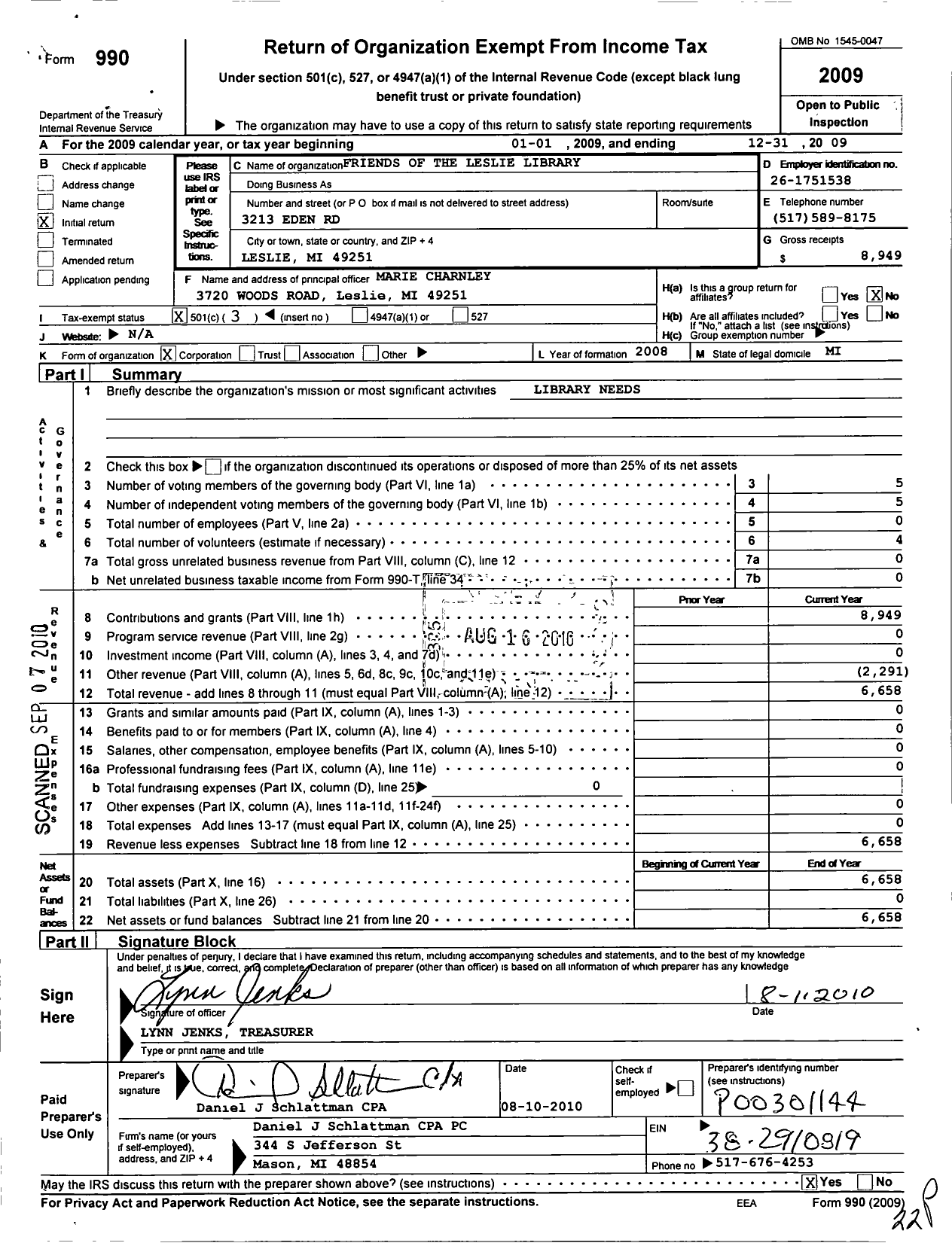 Image of first page of 2009 Form 990 for Friends of the Leslie Library