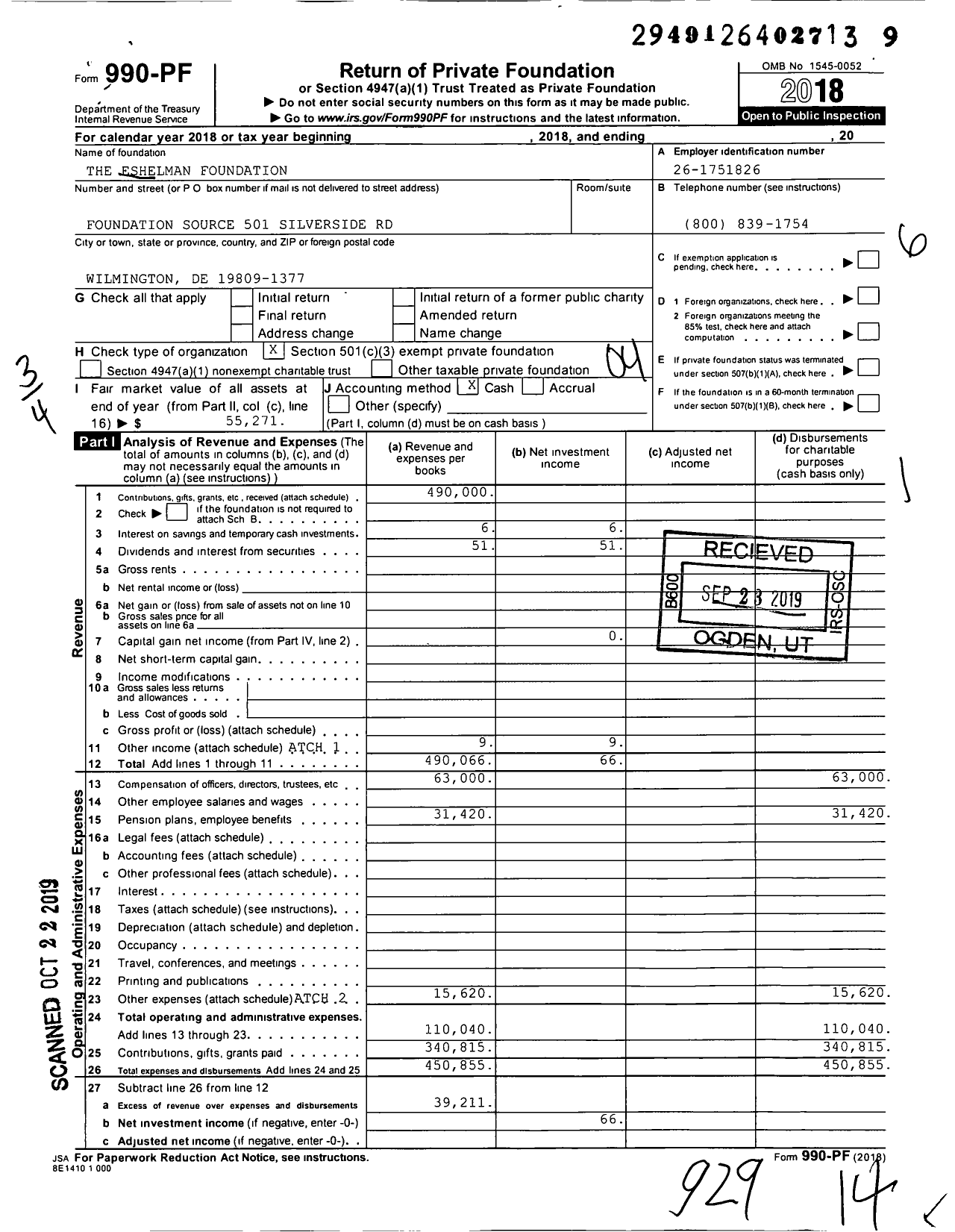 Image of first page of 2018 Form 990PF for The Eshelman Foundation