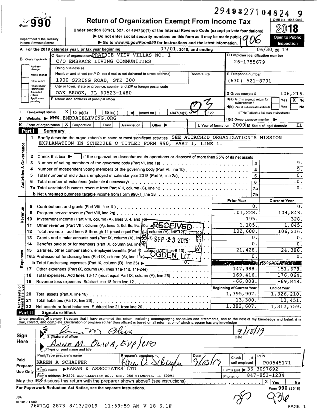 Image of first page of 2018 Form 990 for Prairie View Villas No 1
