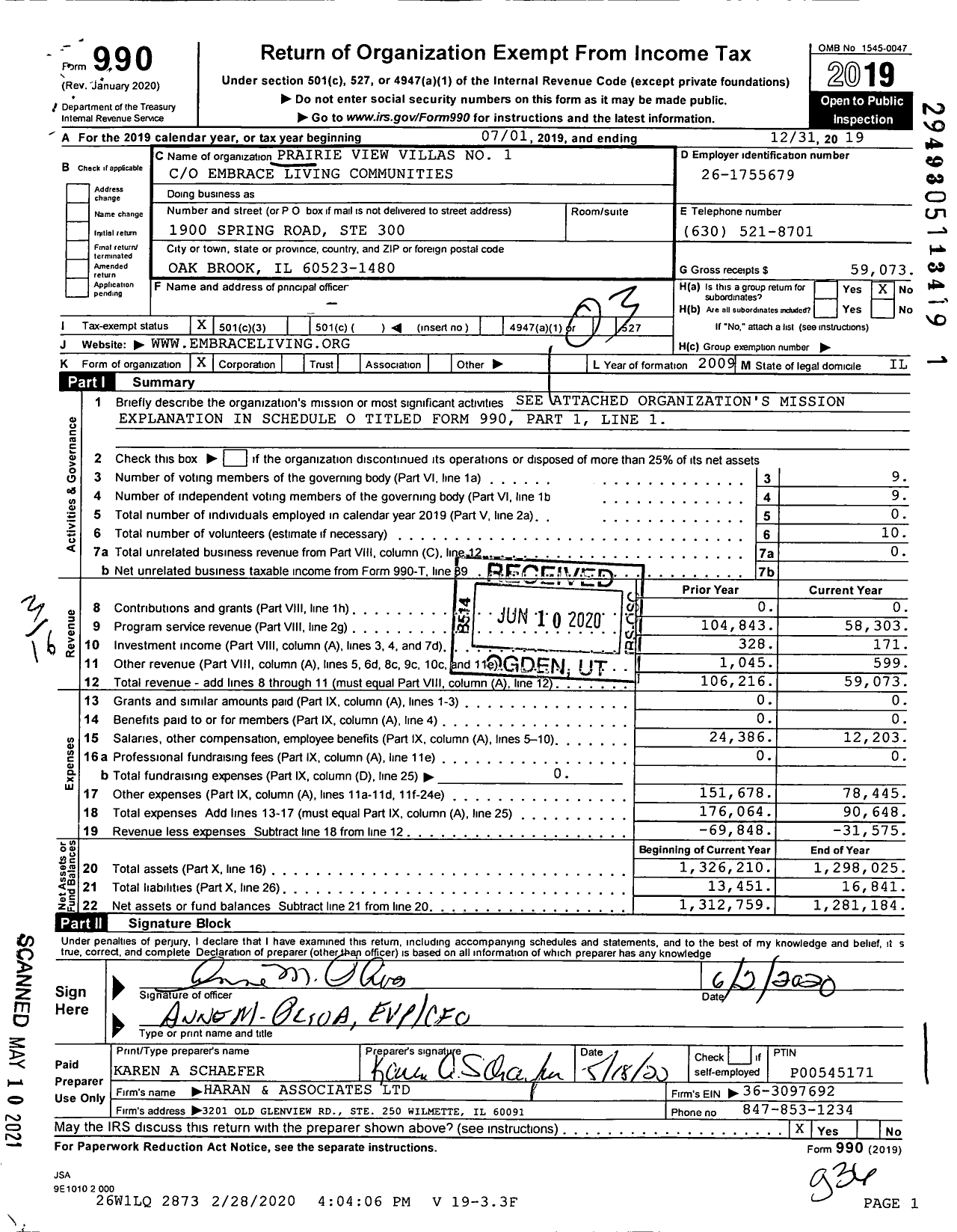 Image of first page of 2019 Form 990 for Prairie View Villas No 1