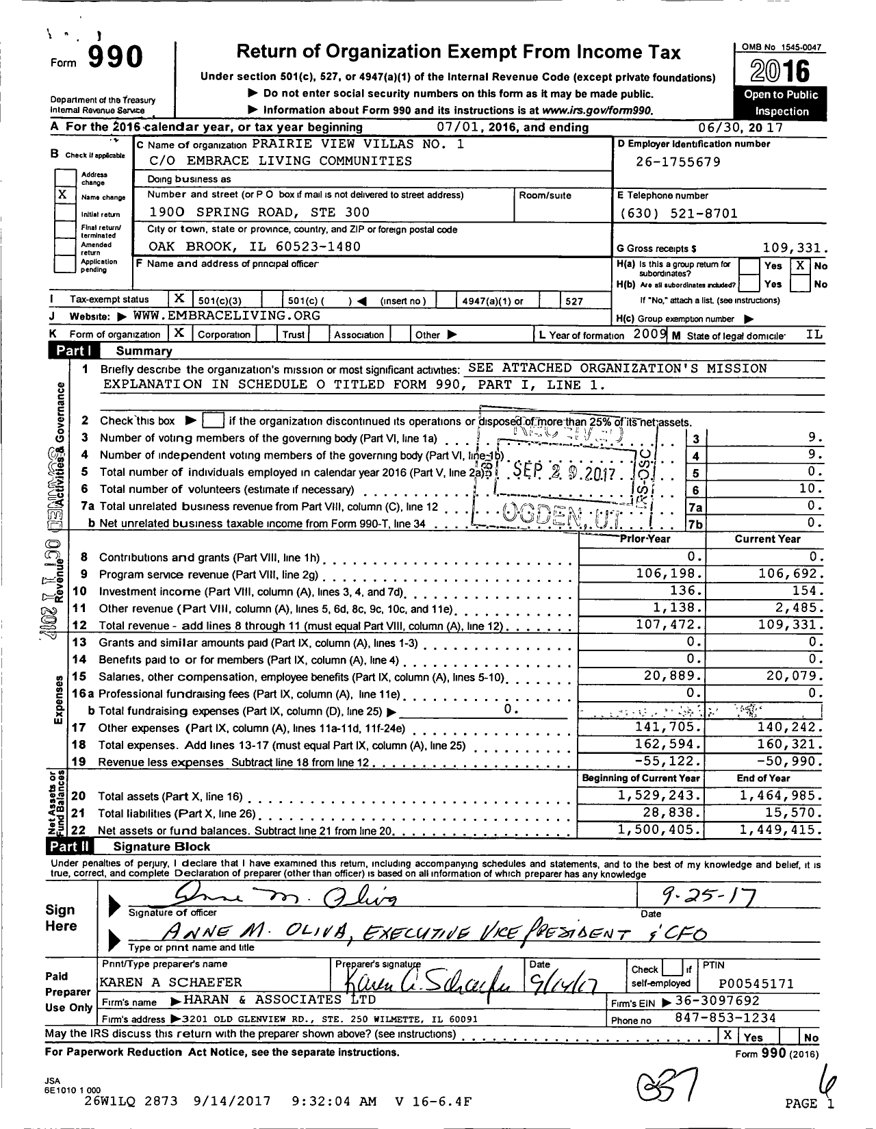 Image of first page of 2016 Form 990 for Prairie View Villas No 1