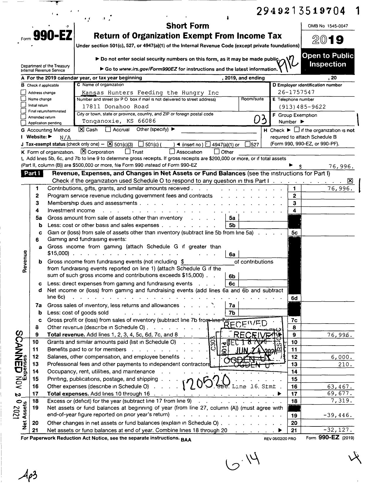 Image of first page of 2019 Form 990EZ for Kansas Hunters Feeding the Hungry