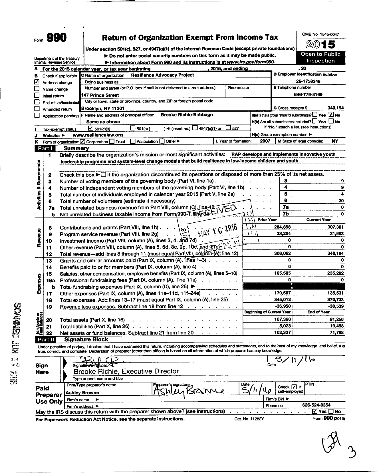 Image of first page of 2015 Form 990 for Resilience Advocacy Project
