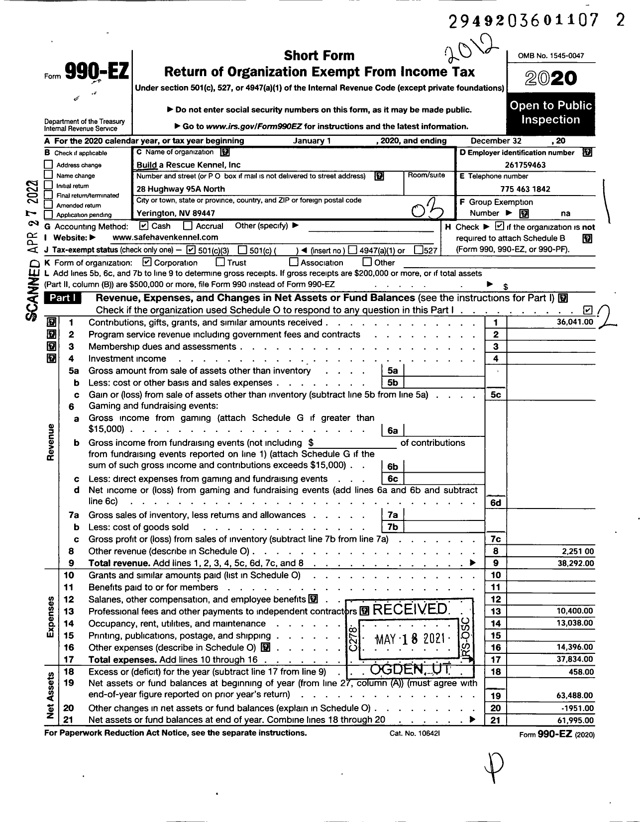 Image of first page of 2020 Form 990EZ for Build A Rescue Kennel