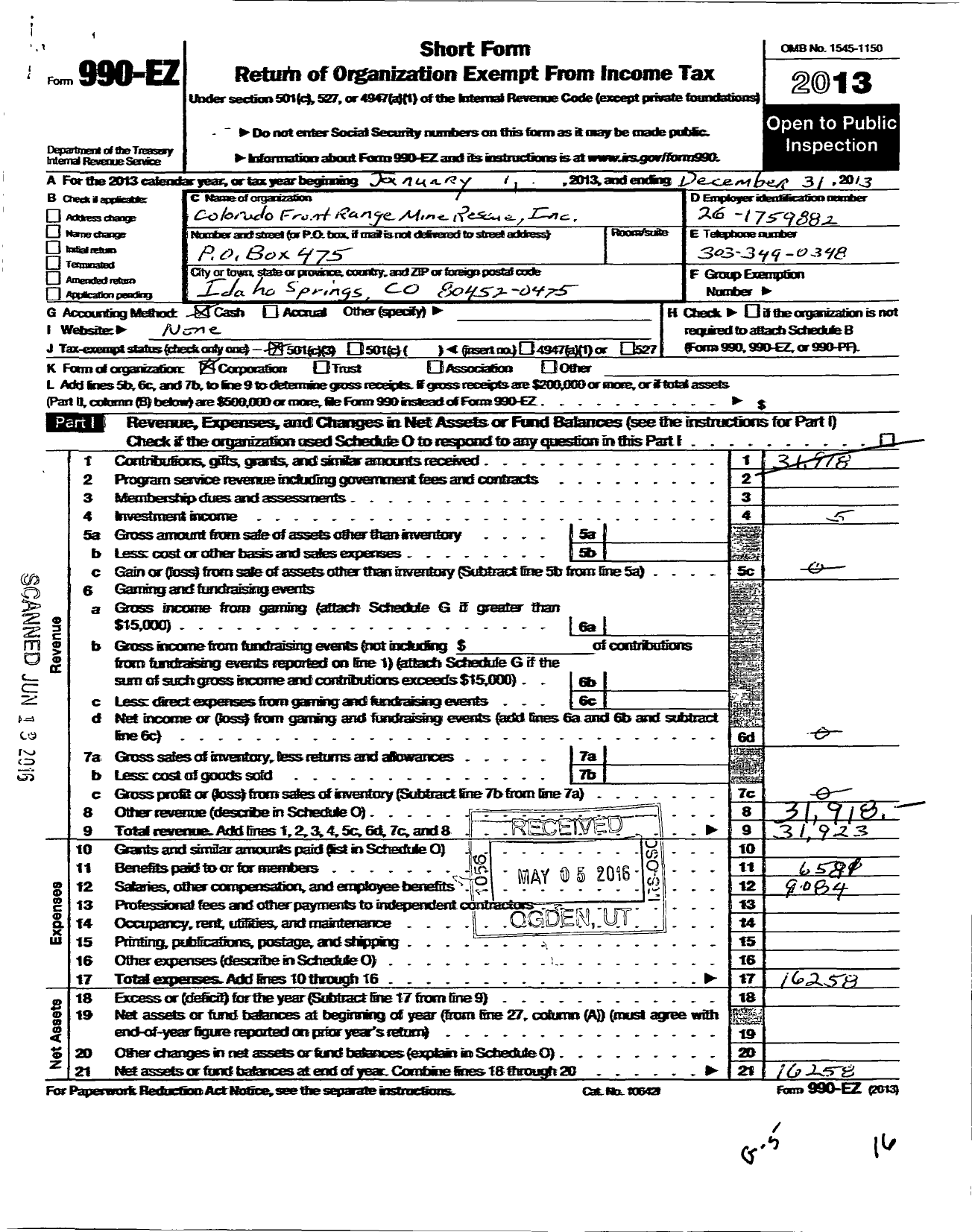 Image of first page of 2013 Form 990EZ for Colorado Front Range Mine Rescue