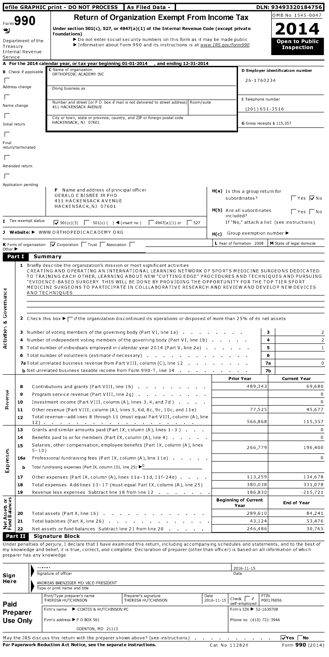 Image of first page of 2014 Form 990 for Orthopedic Academy