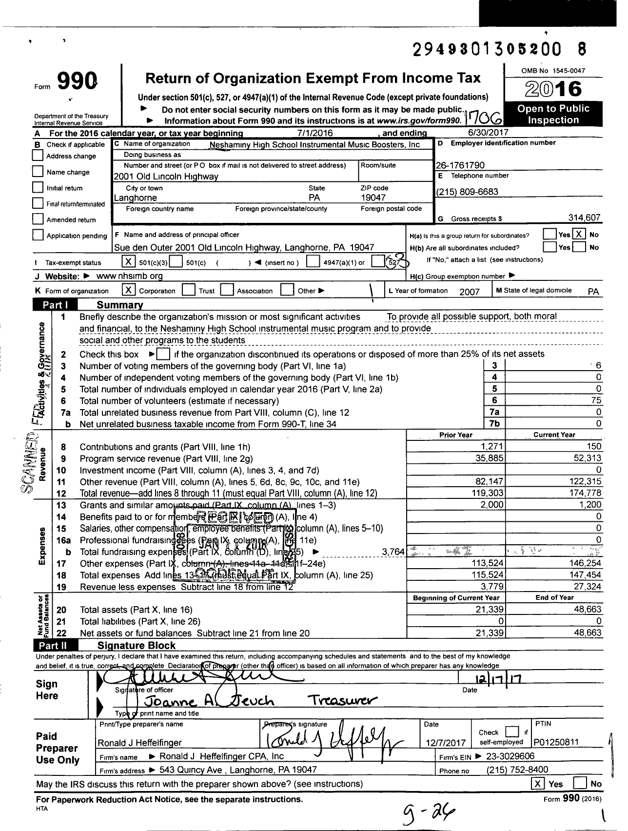 Image of first page of 2016 Form 990 for Neshaminy High School Instrumental Music Boosters