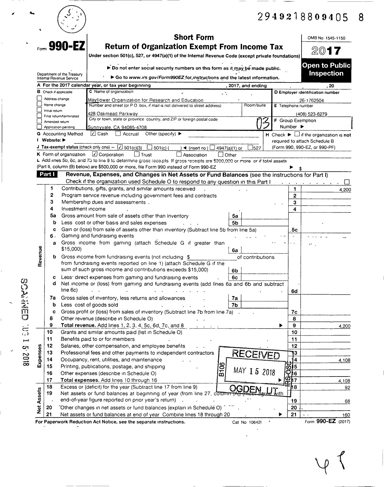 Image of first page of 2017 Form 990EZ for Mayflower Organization for Research and Education