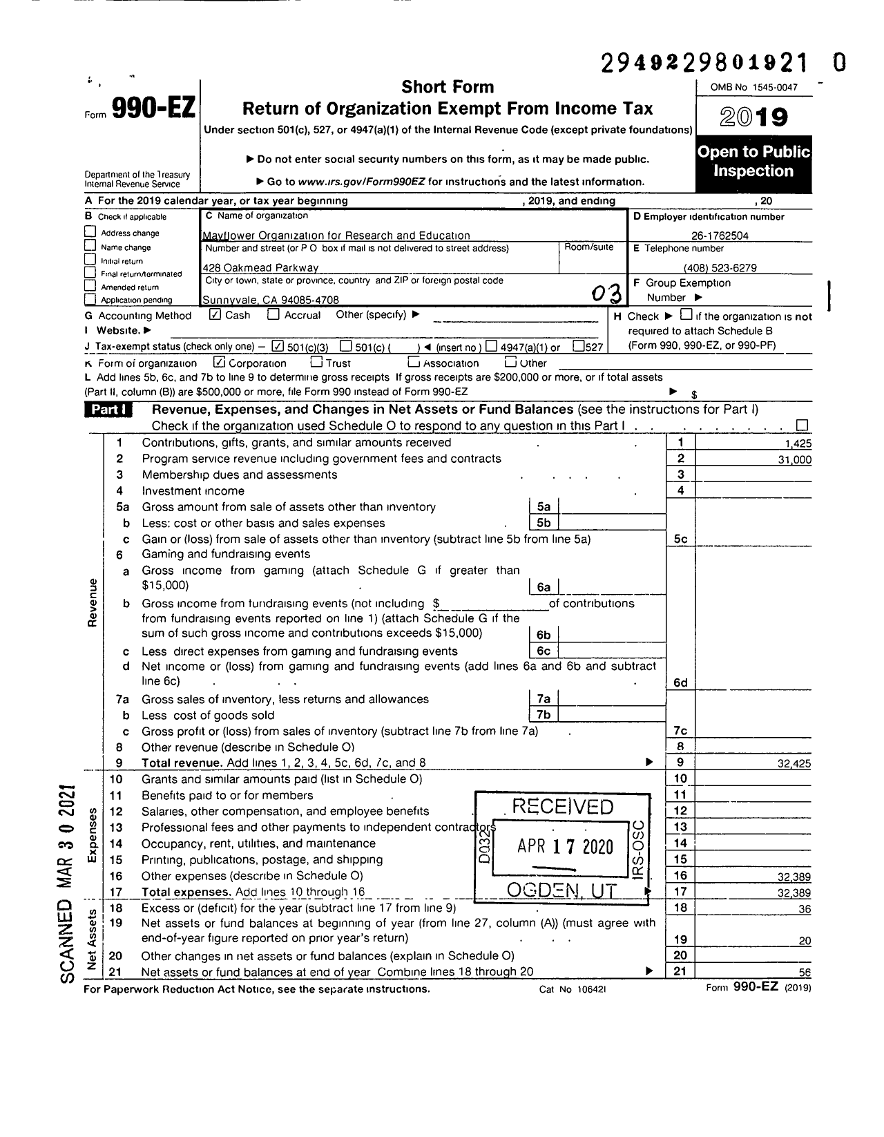 Image of first page of 2019 Form 990EZ for Mayflower Organization for Research and Education