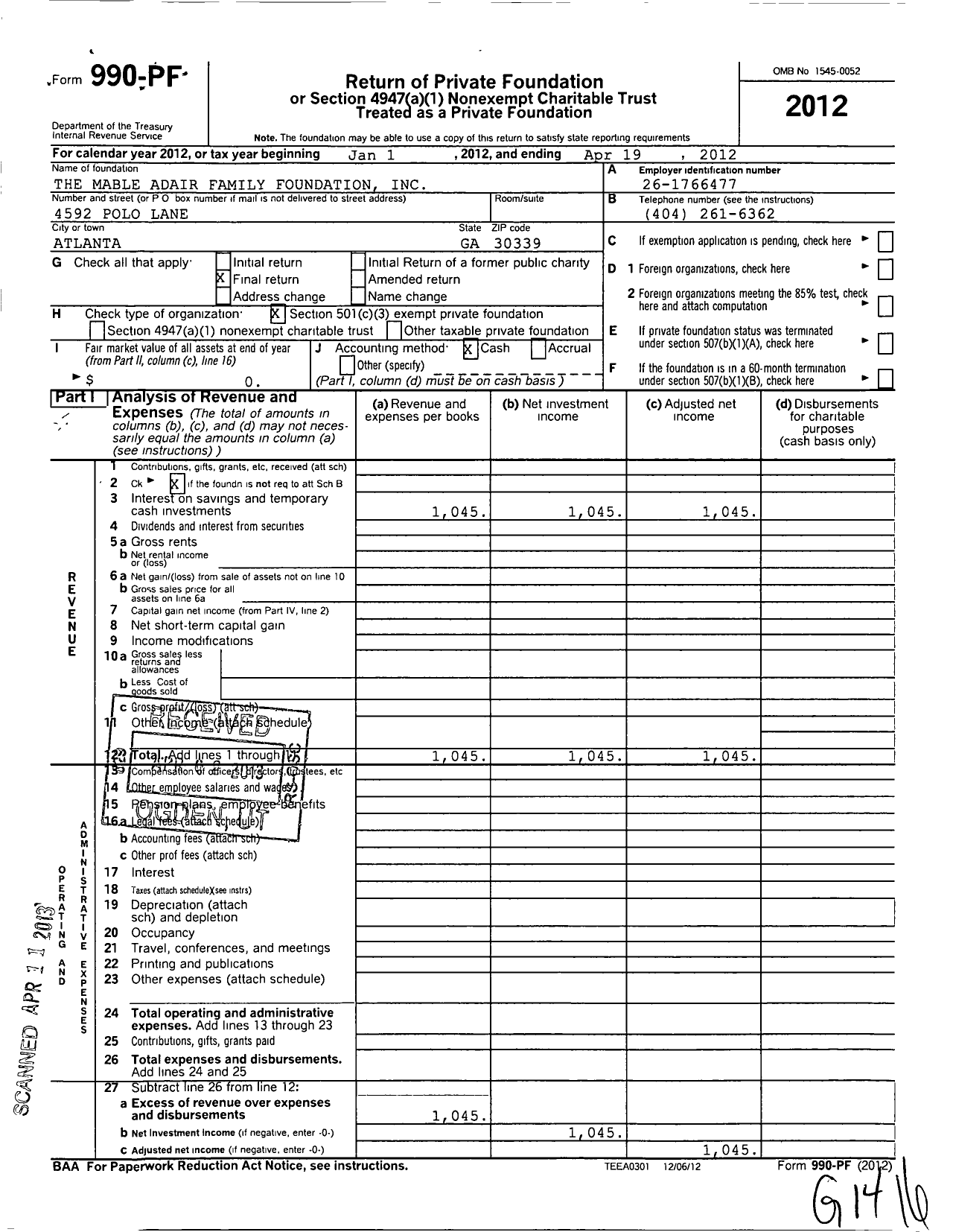 Image of first page of 2011 Form 990PF for Mable Adair Family Foundation