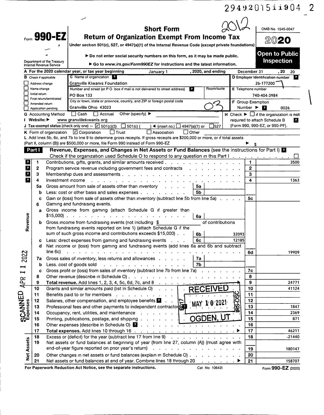 Image of first page of 2020 Form 990EZ for Granville Kiwanis Foundation