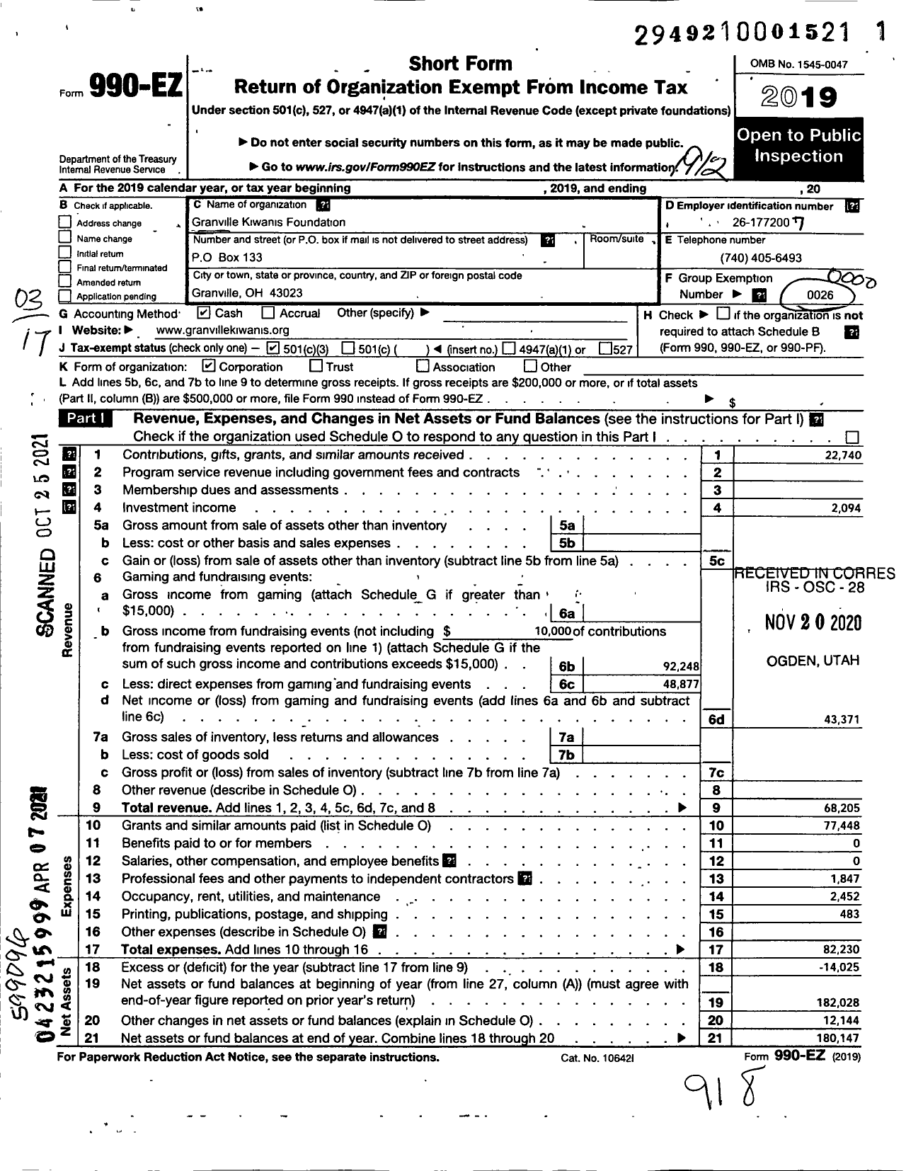 Image of first page of 2019 Form 990EZ for Granville Kiwanis Foundation