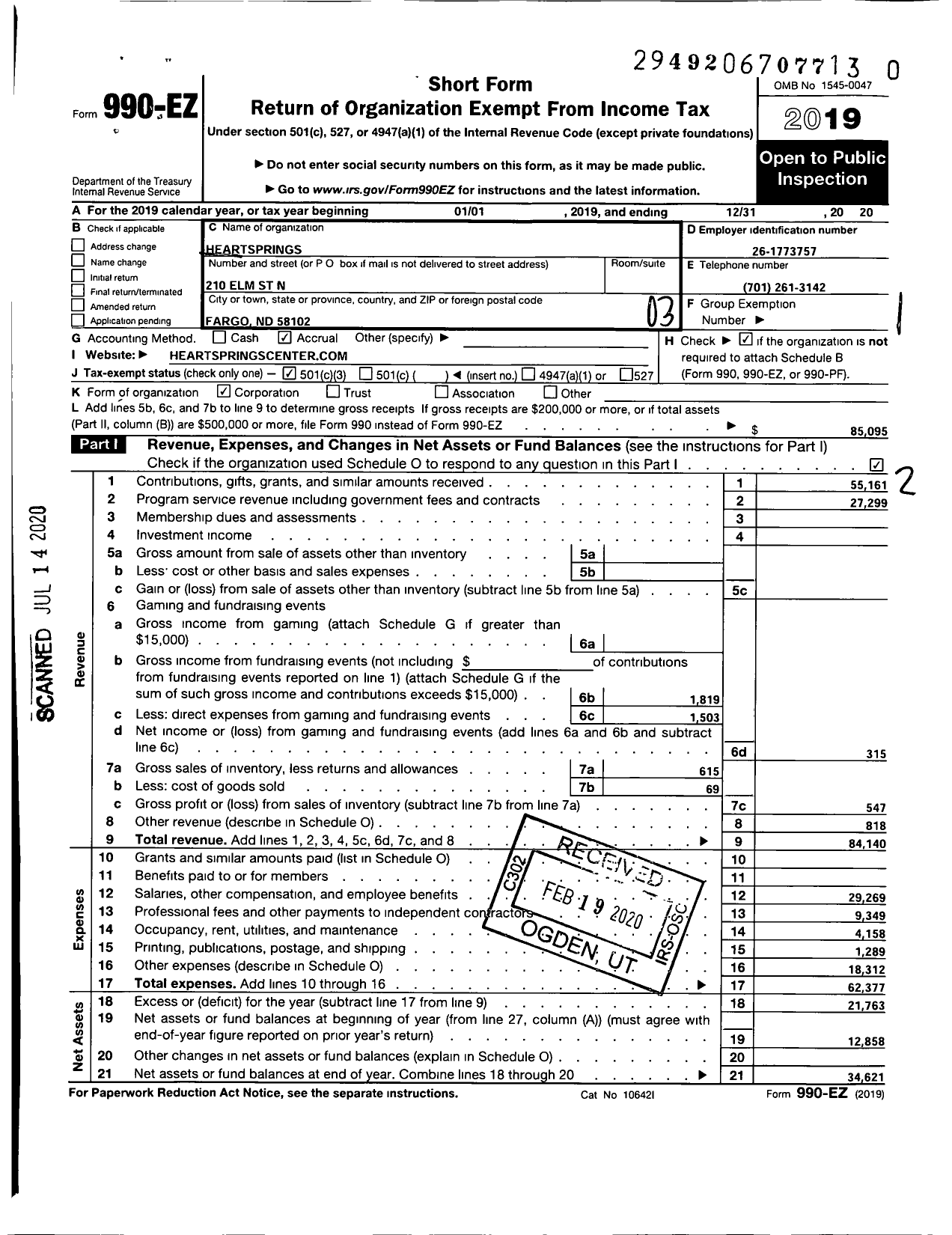 Image of first page of 2019 Form 990EZ for Heartsprings