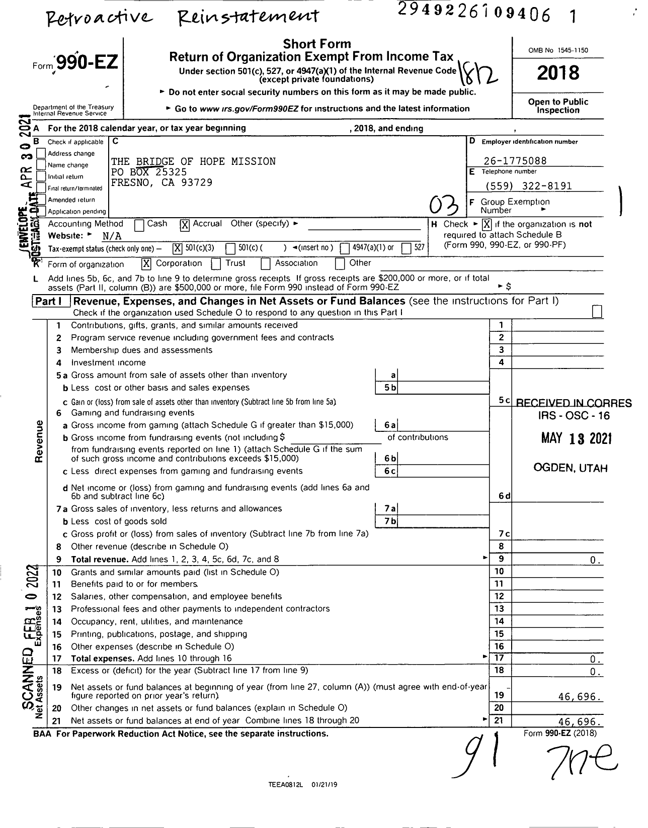 Image of first page of 2018 Form 990EZ for The Bridge of Hope Mission