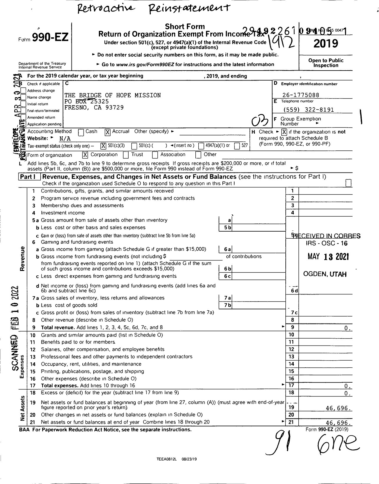 Image of first page of 2019 Form 990EZ for The Bridge of Hope Mission