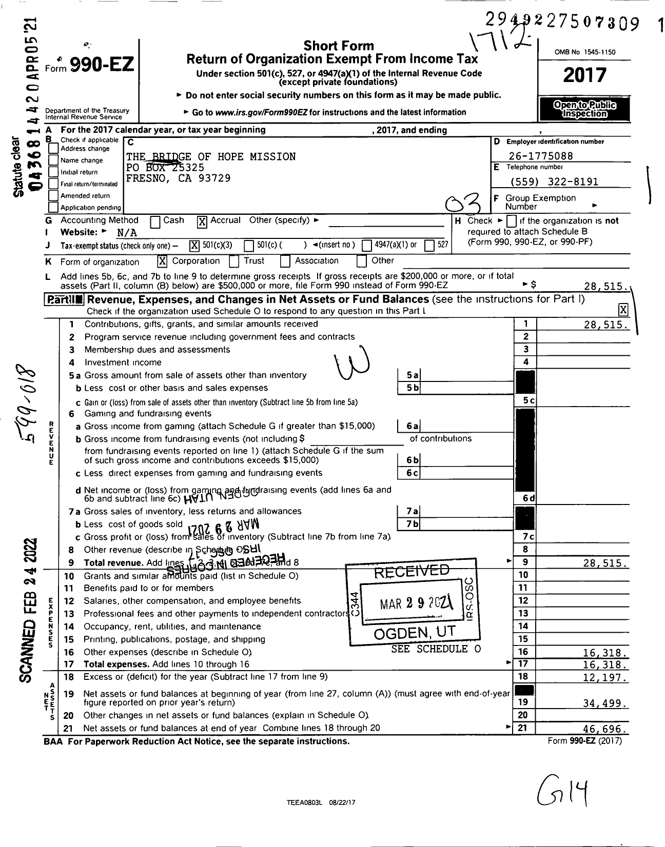 Image of first page of 2017 Form 990EZ for The Bridge of Hope Mission