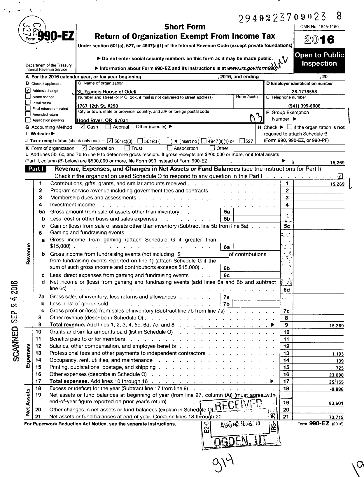 Image of first page of 2016 Form 990EZ for St Francis House of Odell