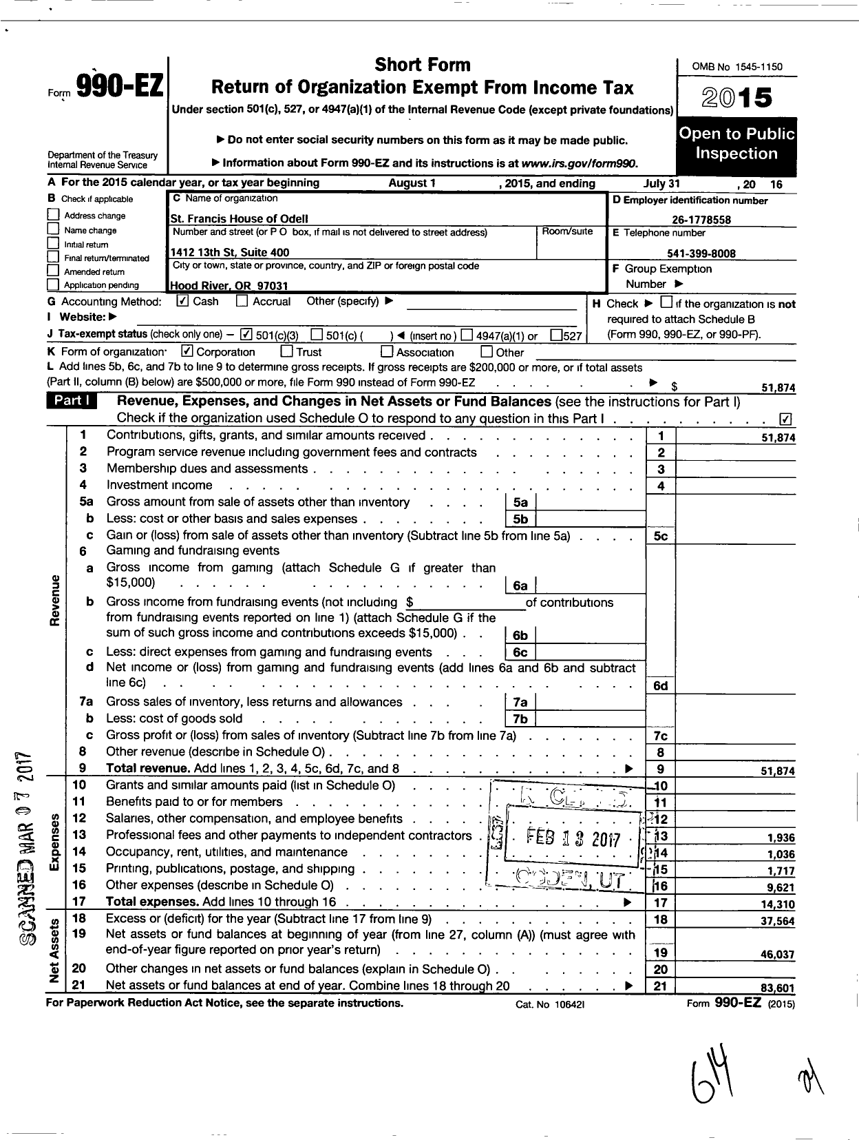 Image of first page of 2015 Form 990EZ for St Francis House of Odell