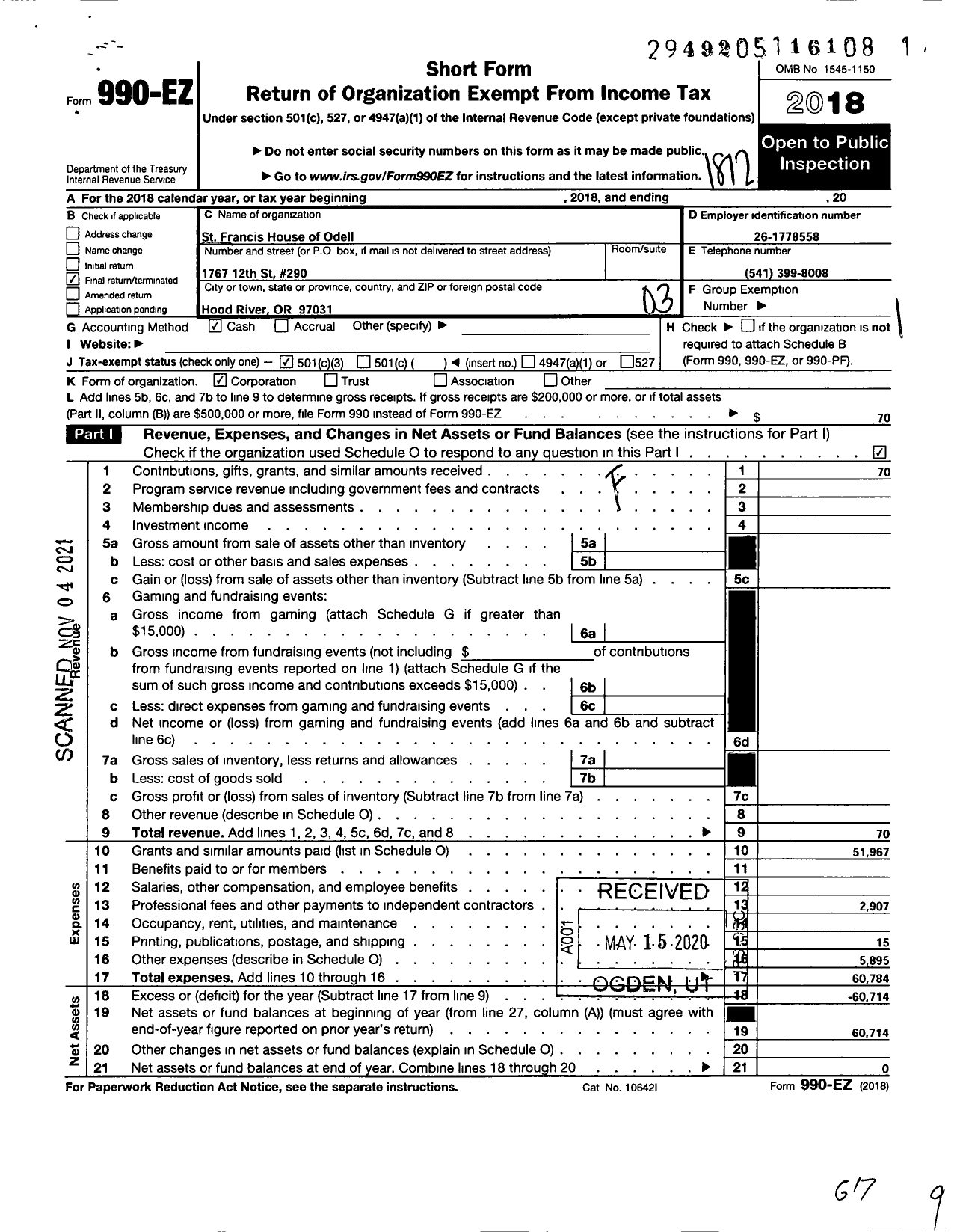 Image of first page of 2018 Form 990EZ for St Francis House of Odell