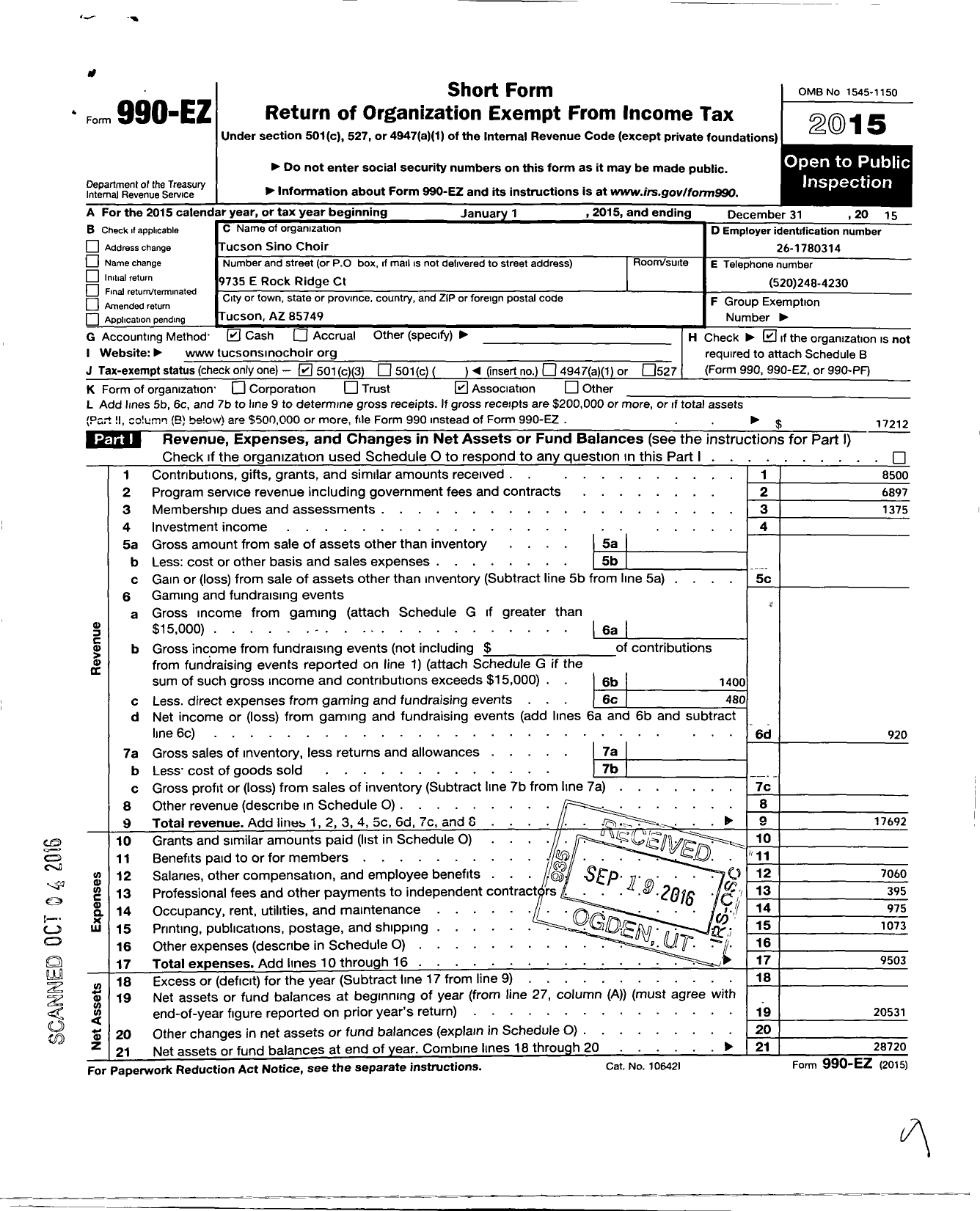 Image of first page of 2015 Form 990EZ for Tucson Sino Choir