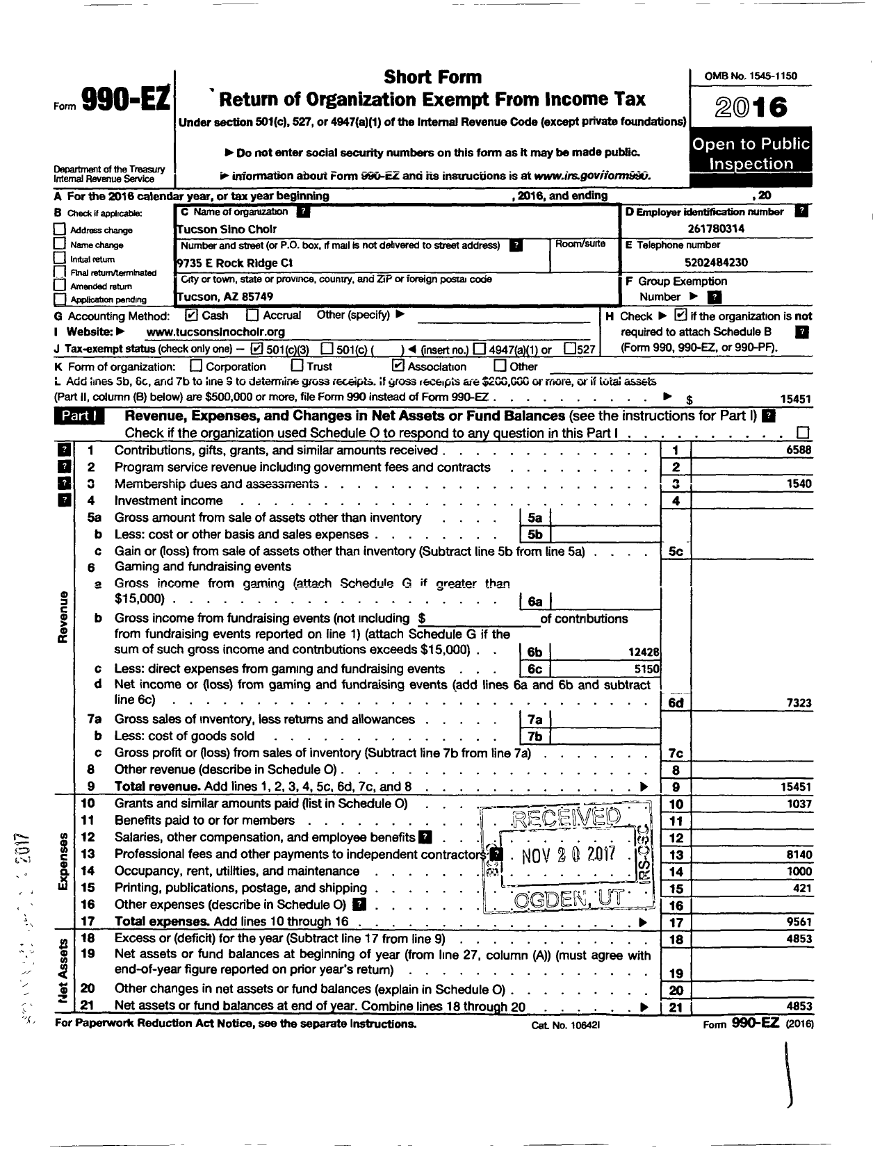 Image of first page of 2016 Form 990EZ for Tucson Sino Choir