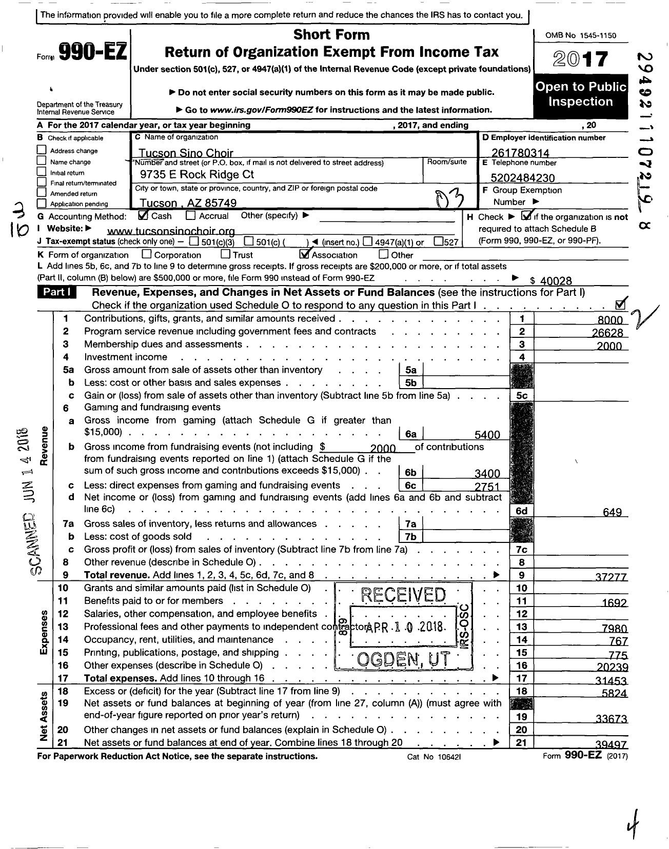 Image of first page of 2017 Form 990EZ for Tucson Sino Choir