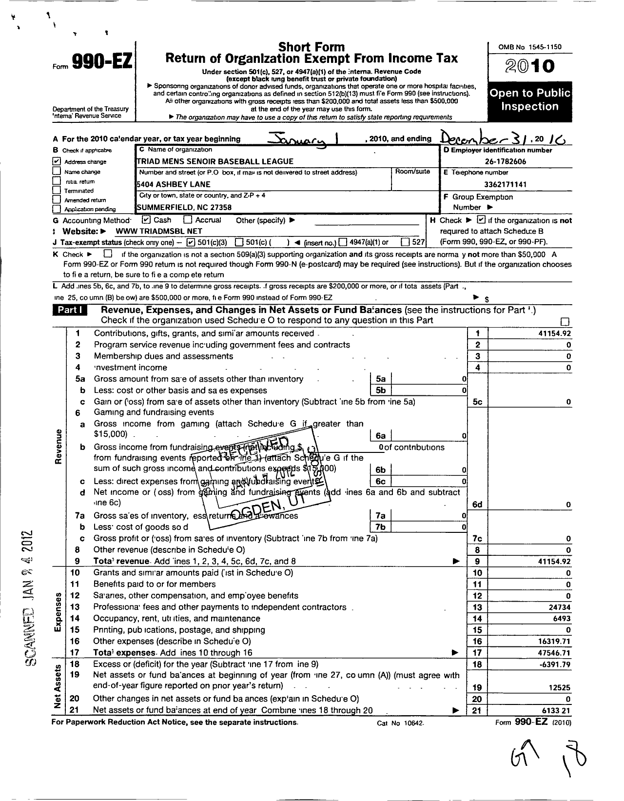 Image of first page of 2010 Form 990EZ for Triad Mens Senior Baseball League