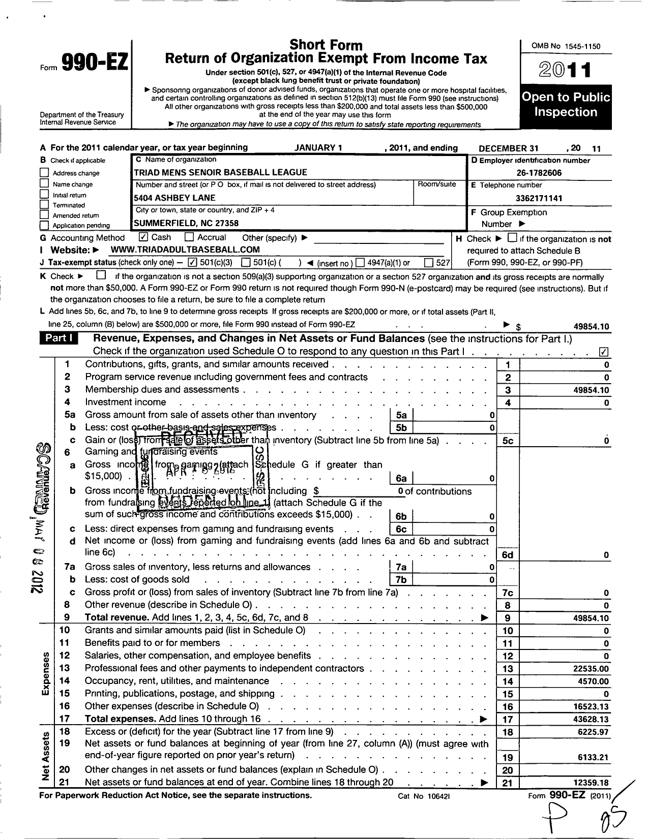 Image of first page of 2011 Form 990EZ for Triad Mens Senior Baseball League