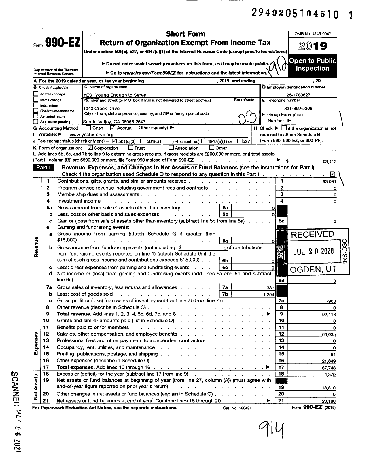 Image of first page of 2019 Form 990EZ for Yes Young Enough To Serve