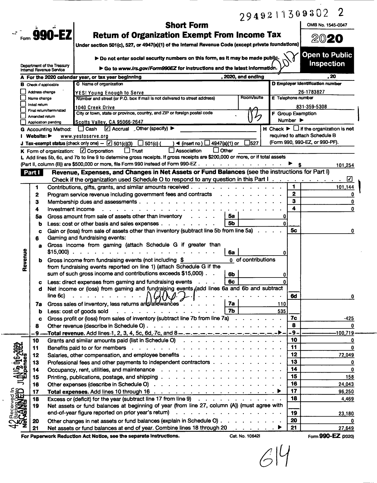 Image of first page of 2020 Form 990EZ for Yes Young Enough To Serve