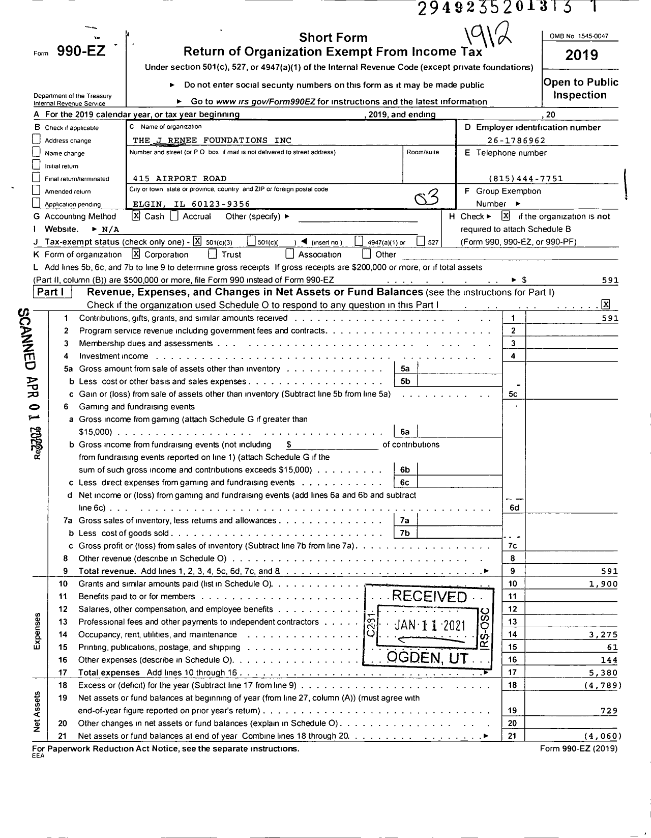 Image of first page of 2020 Form 990EZ for The J Renee Foundations